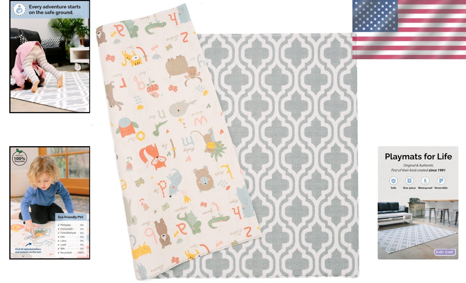 Large Moroccan Blue Play Mat: Eco-Friendly Reversible & Waterproof for Kids