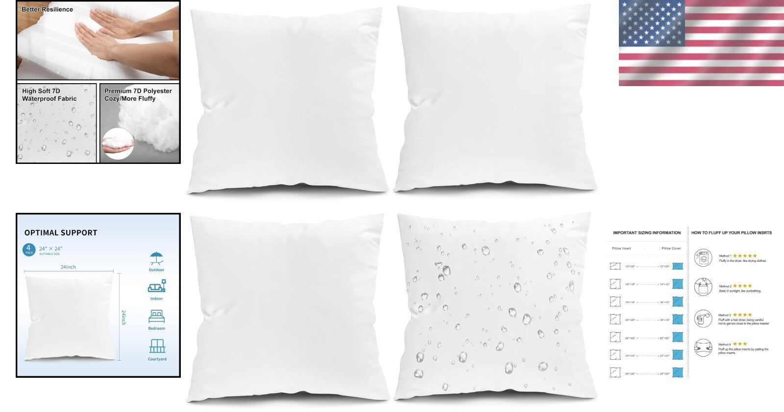 Decorative 24x24 Outdoor Pillow Inserts - 4 Pack Microfiber for Style & Comfort