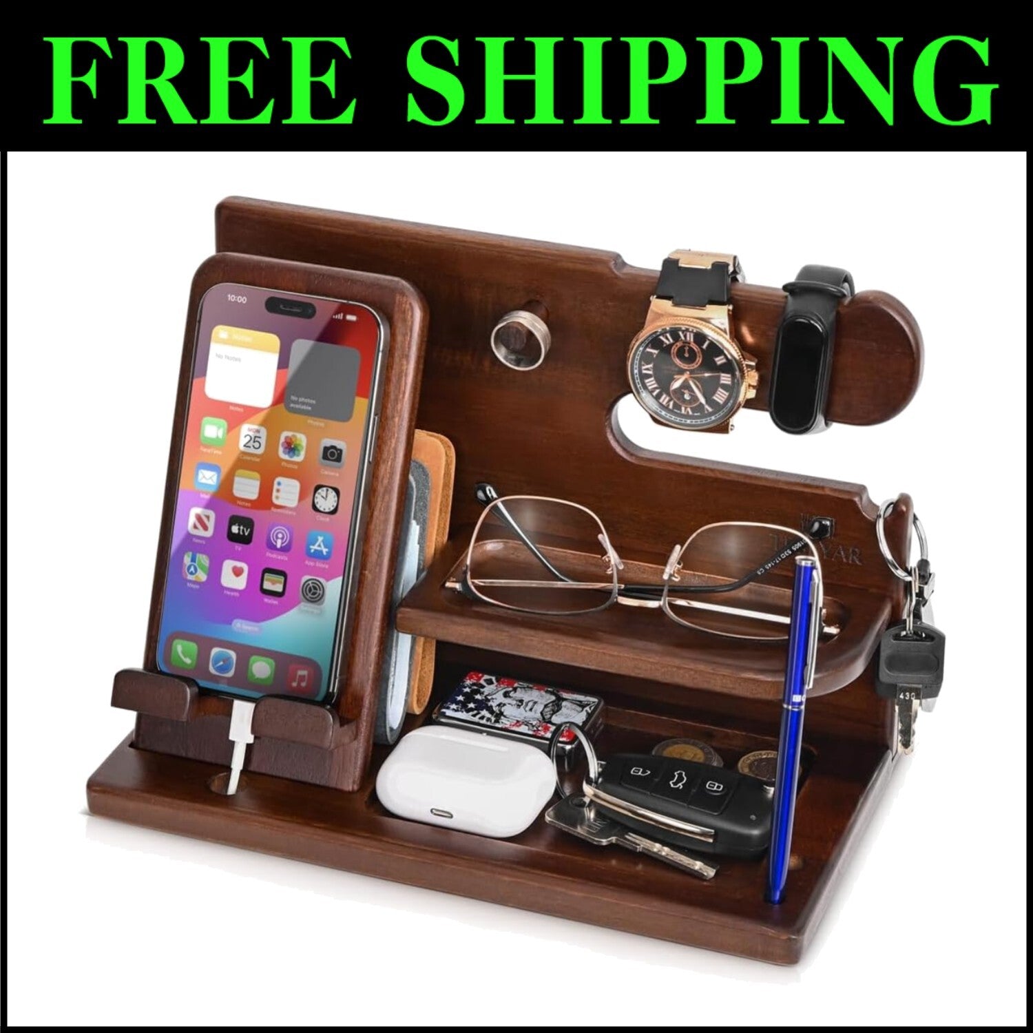 Elegant Wood Phone Docking Station & Organizer for Desk or Nightstand Gifts
