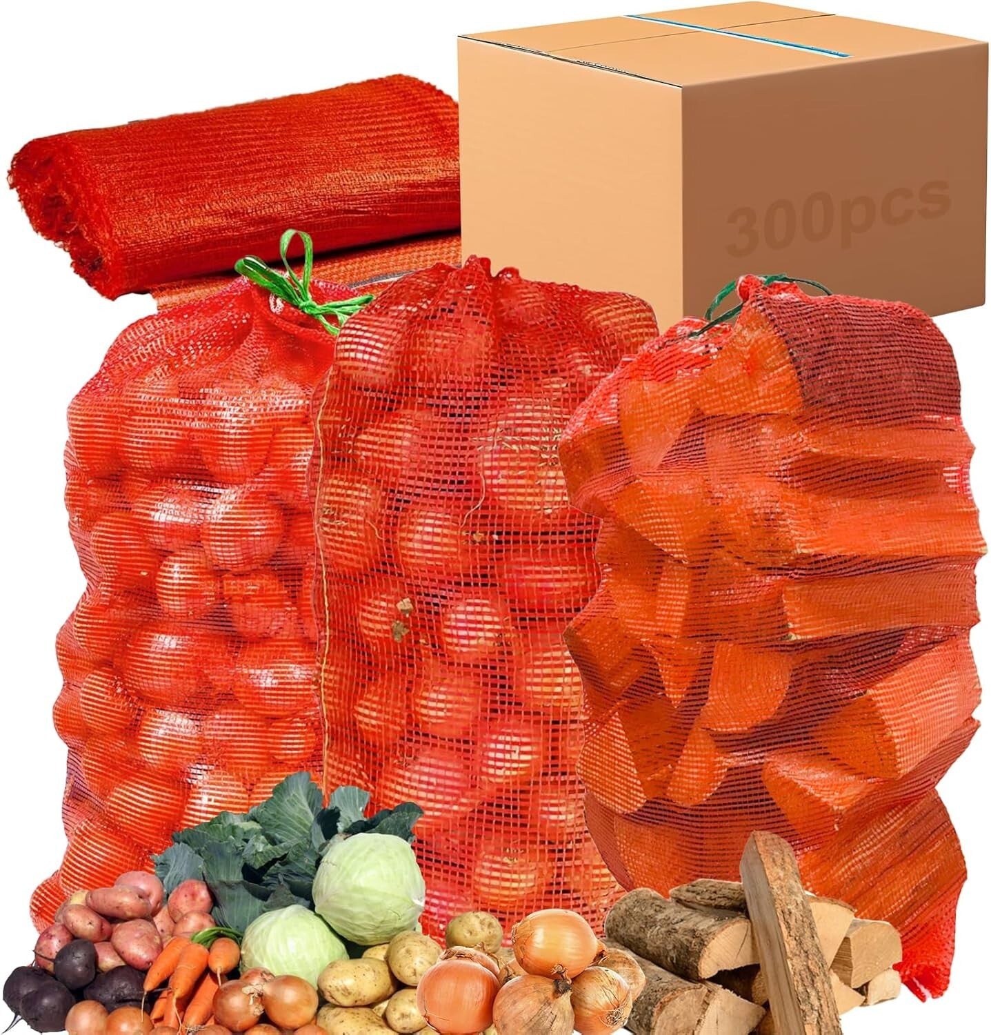 Bulk 300 Red Mesh Bags - Reusable Storage for Produce & Firewood - 31'' x 20''