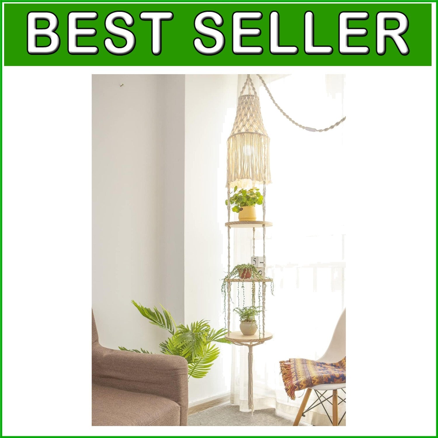 Boho Macrame 3-Tier Floating Shelf with Handwoven Lampshade & Light Socket