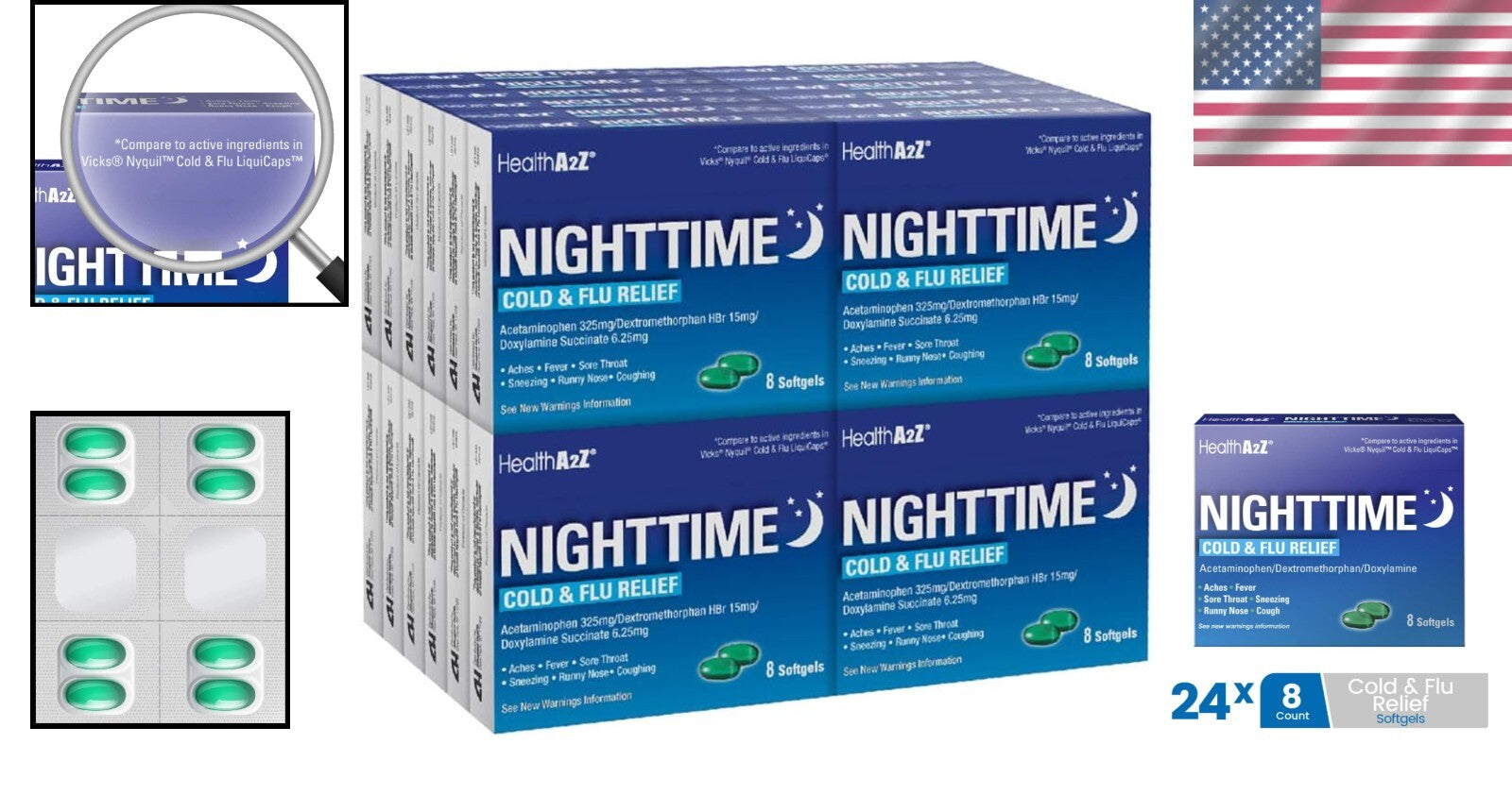 Nighttime Relief for Cold & Flu - 192 Non-Drowsy Softgels for Multiple Symptoms
