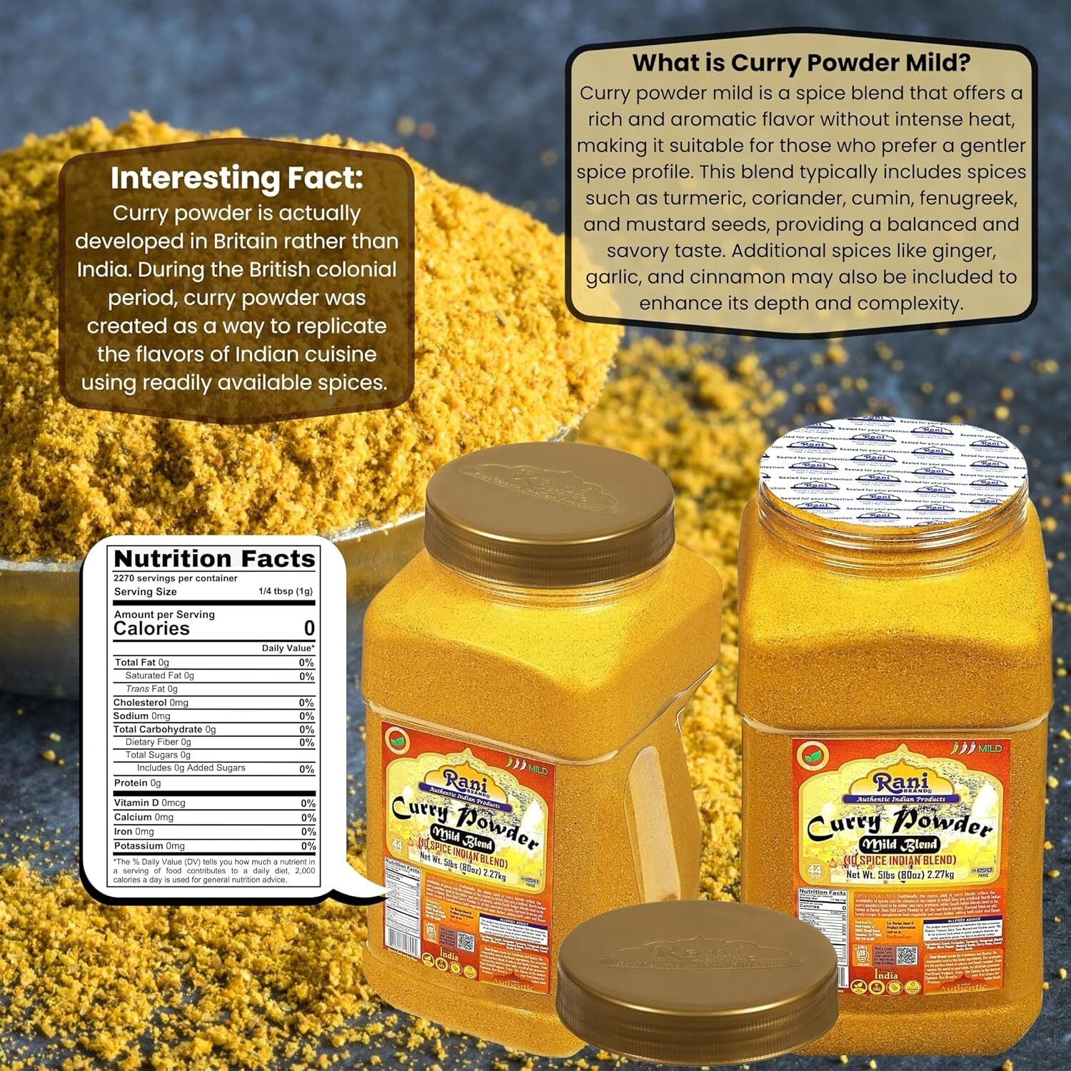 Mild 10-Spice Curry Powder by Rani - 5lbs PET Jar, No Additives, All-Natural