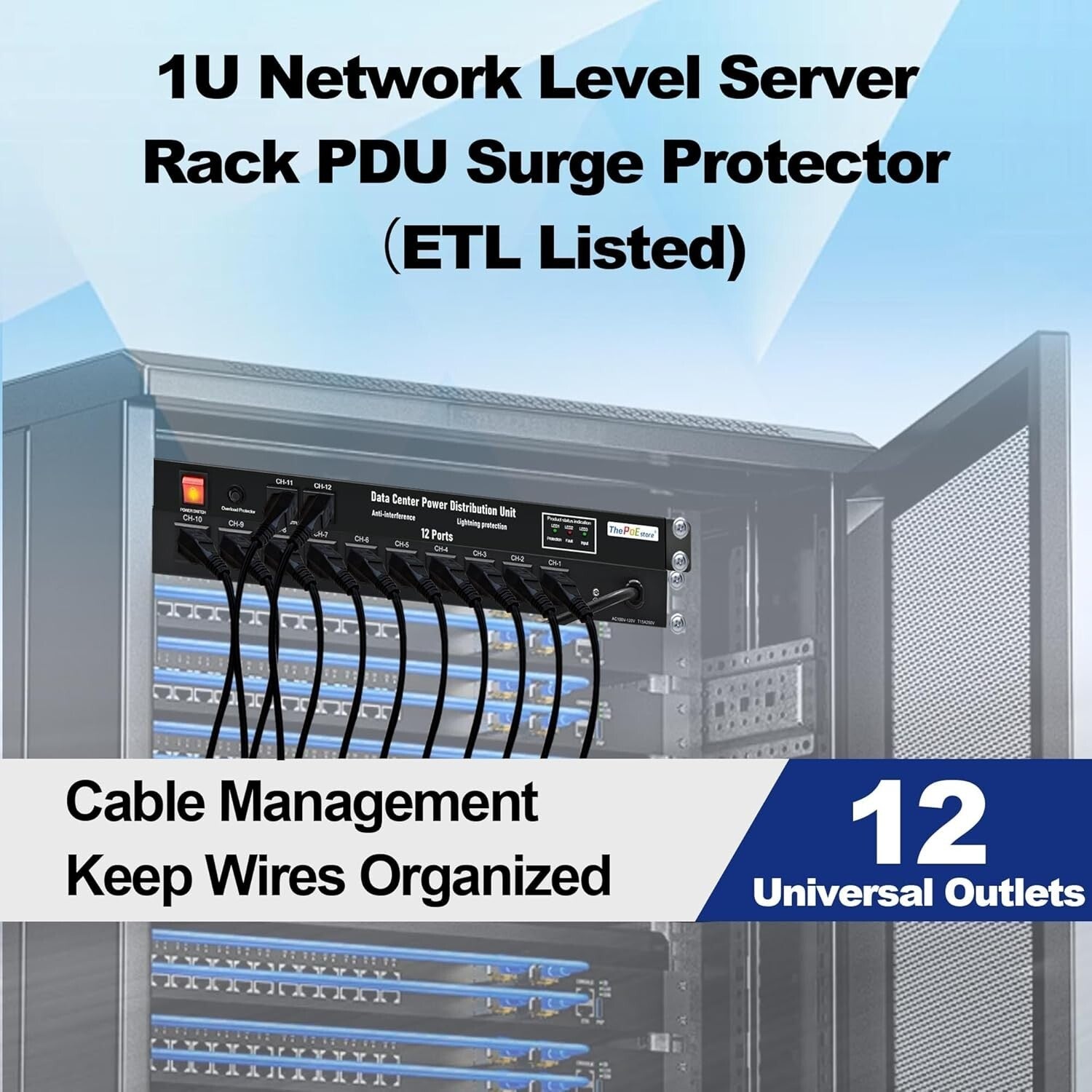 12-Outlet Rack Mount Power Strip with 3600 Joules Surge Protection - ETL Listed