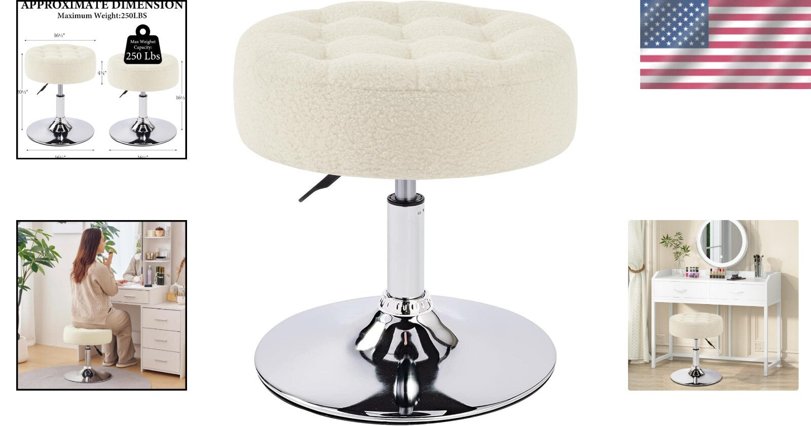 Elegant Round Makeup Vanity Stool - Adjustable Ivory White Faux Fur Ottoman