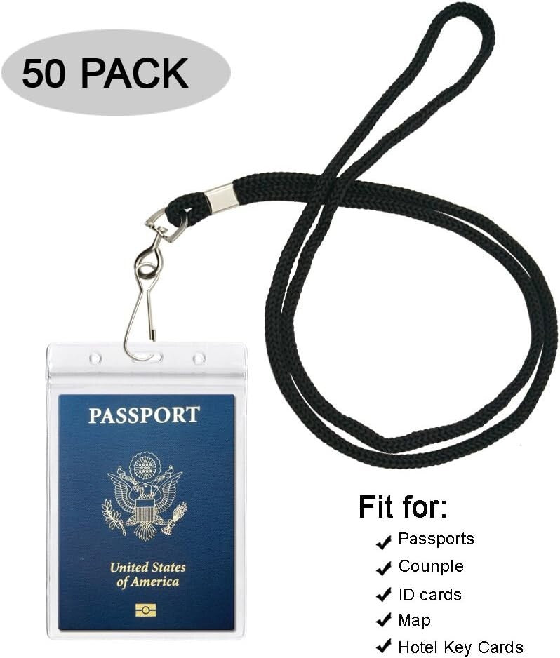 Durable Clear PVC 50-Pack Passport and ID Holders with Black Lanyards Included