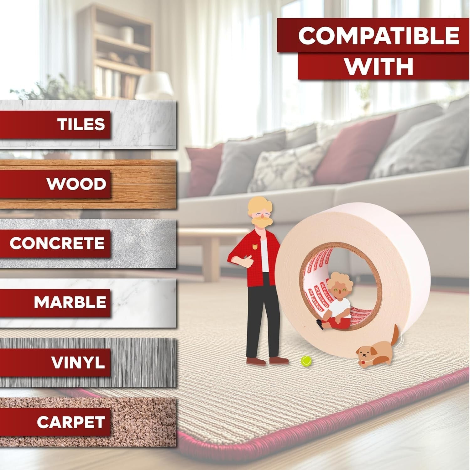 UV-Resistant Double Sided Carpet Tape - Ideal for Area Rugs and Hardwood Floors