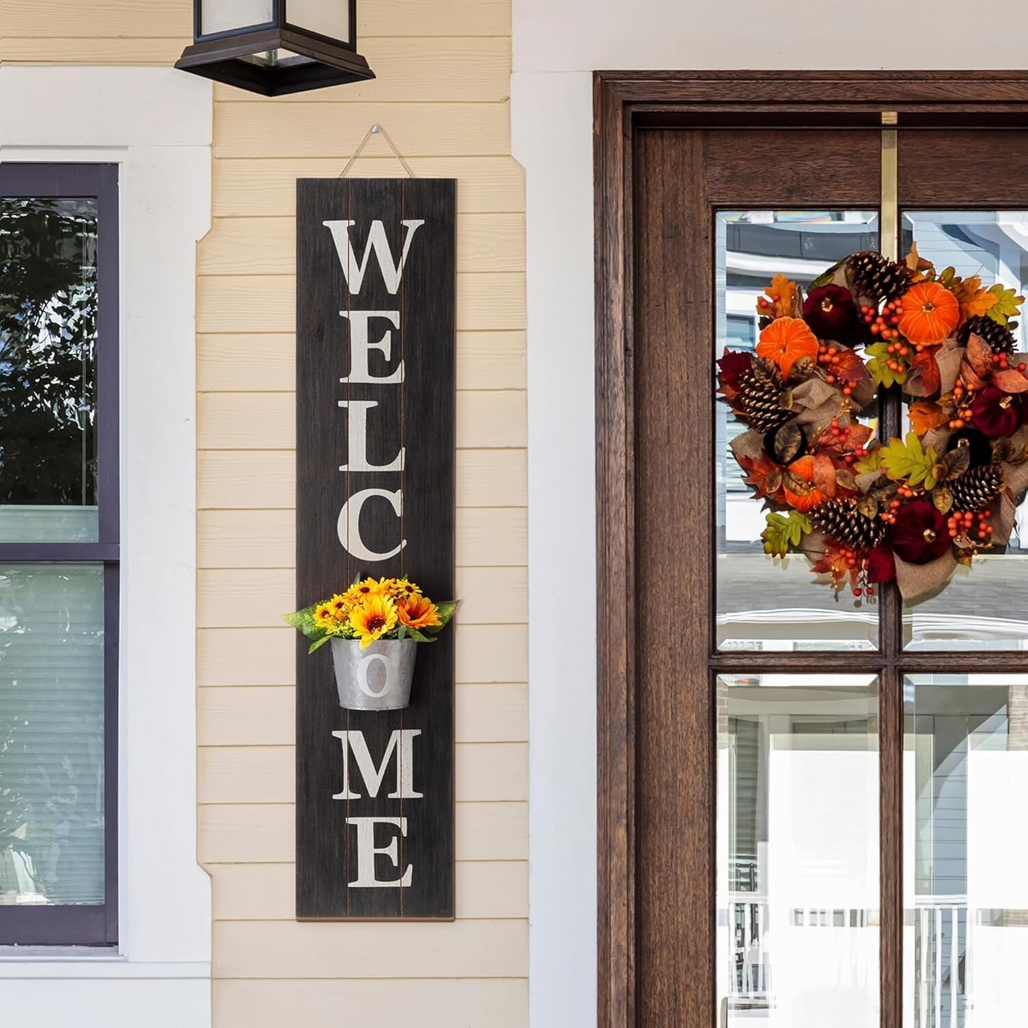 42-Inch Rustic Farmhouse Vertical Welcome Sign with Planter for Front Porch
