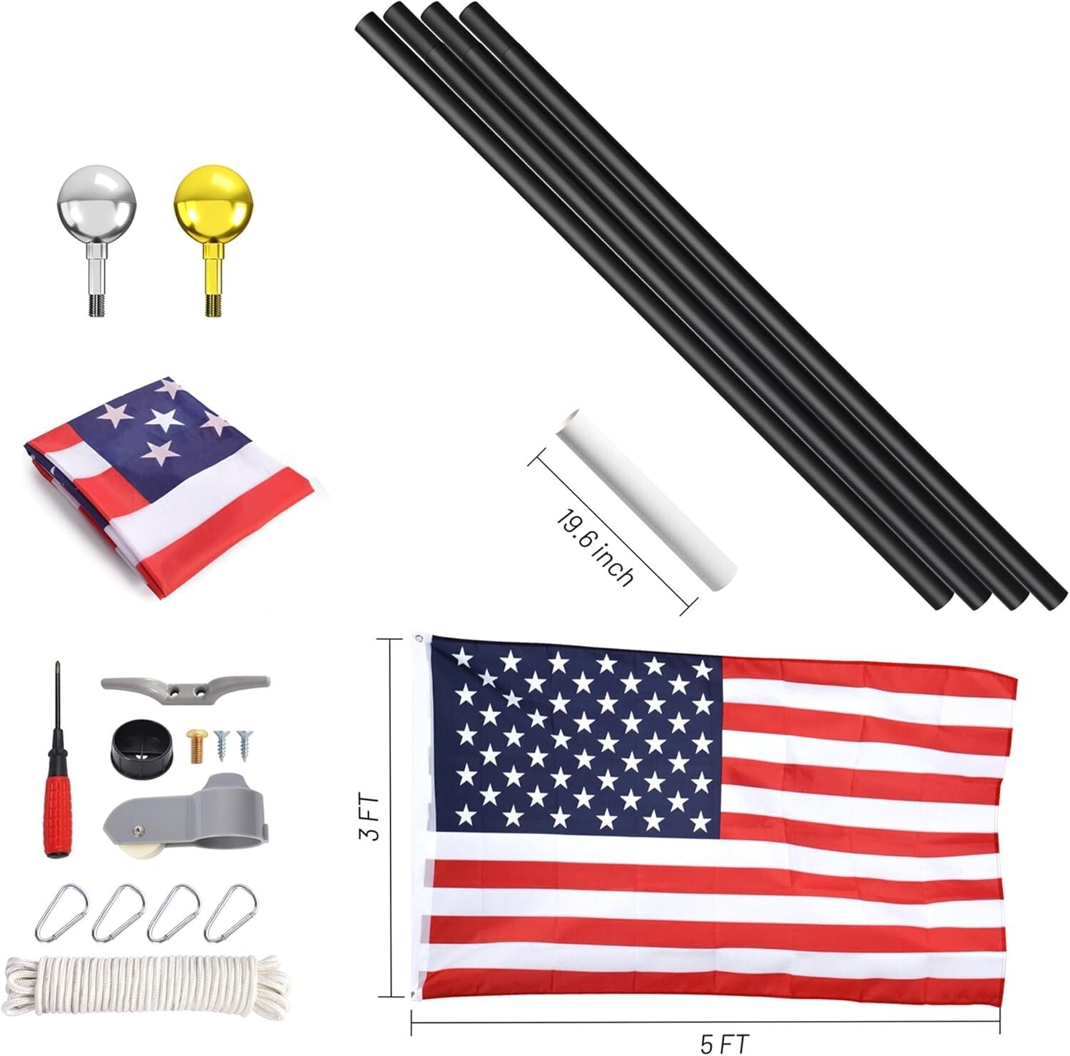 Durable 25 FT Flag Pole Kit - Corrosion Resistant with 3x5 U.S. Flag Included