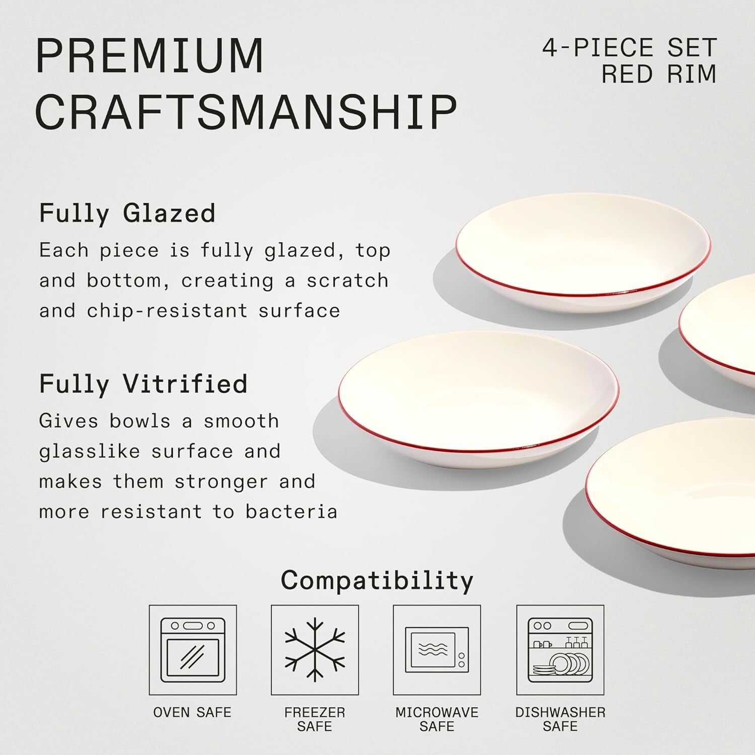 Elegant White and Red Rim Entrée Bowls - 10-Inch, Dishwasher and Microwave Safe