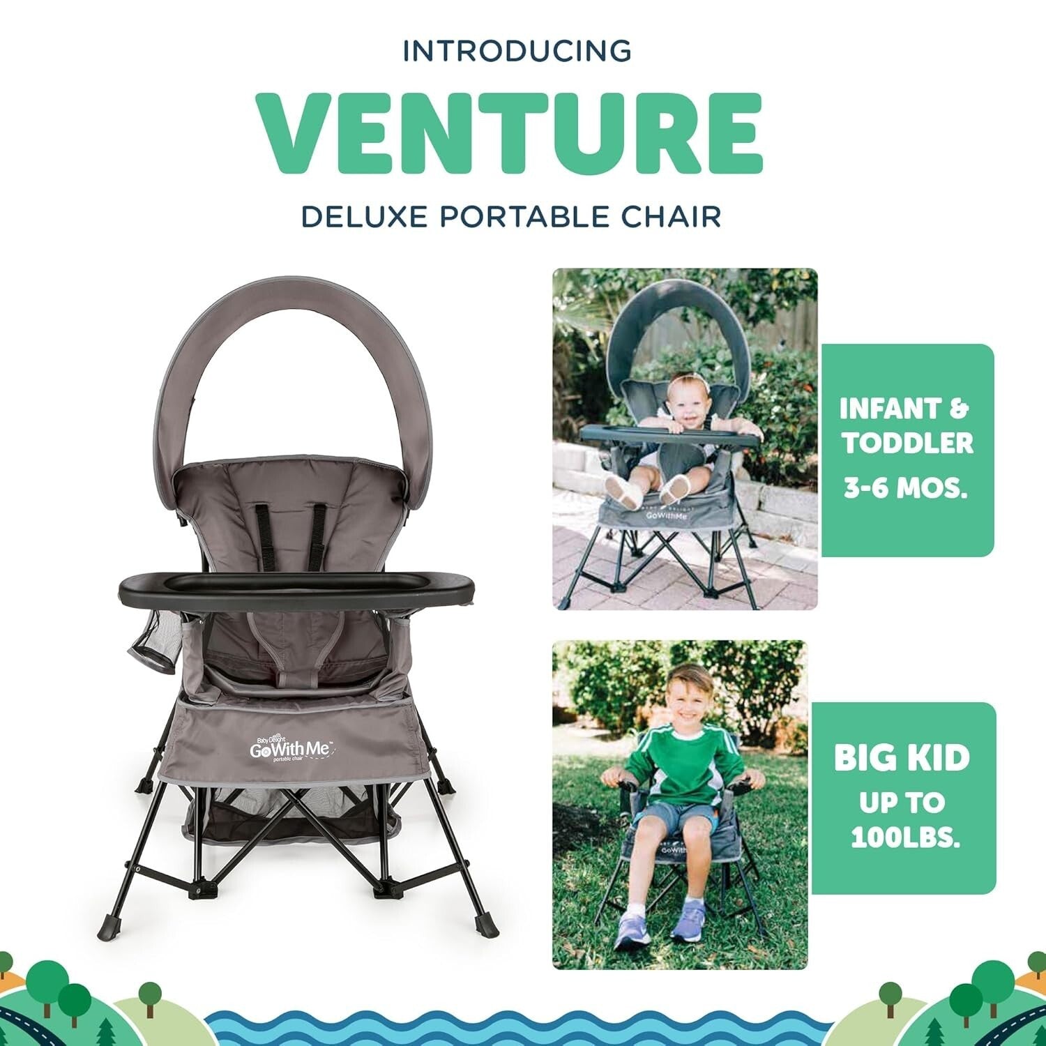 Go with Me Venture Portable Toddler Chair with Sun Canopy & Snack Tray - Grey