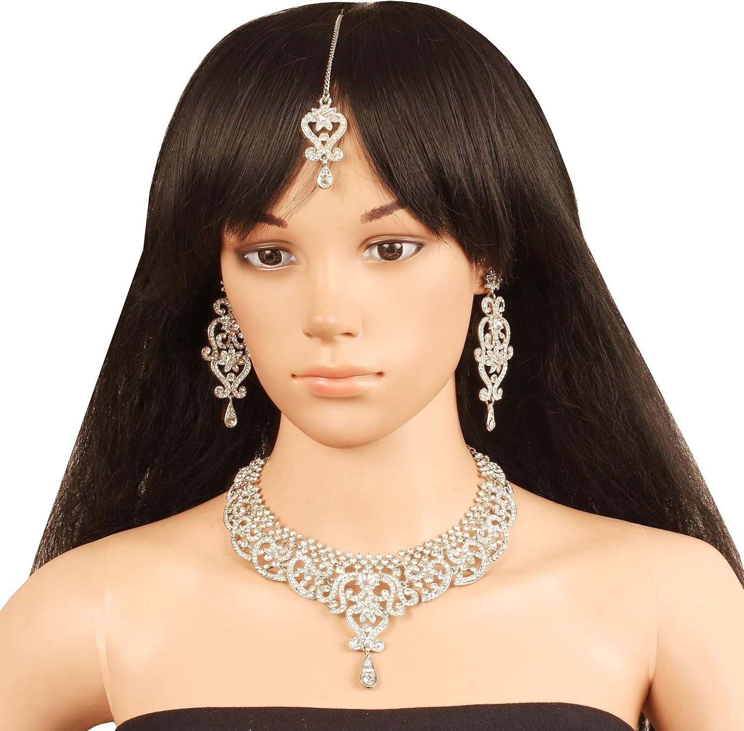Bridal Elegance: White Crystal Jewelry Set with Necklace & Extra Long Earrings