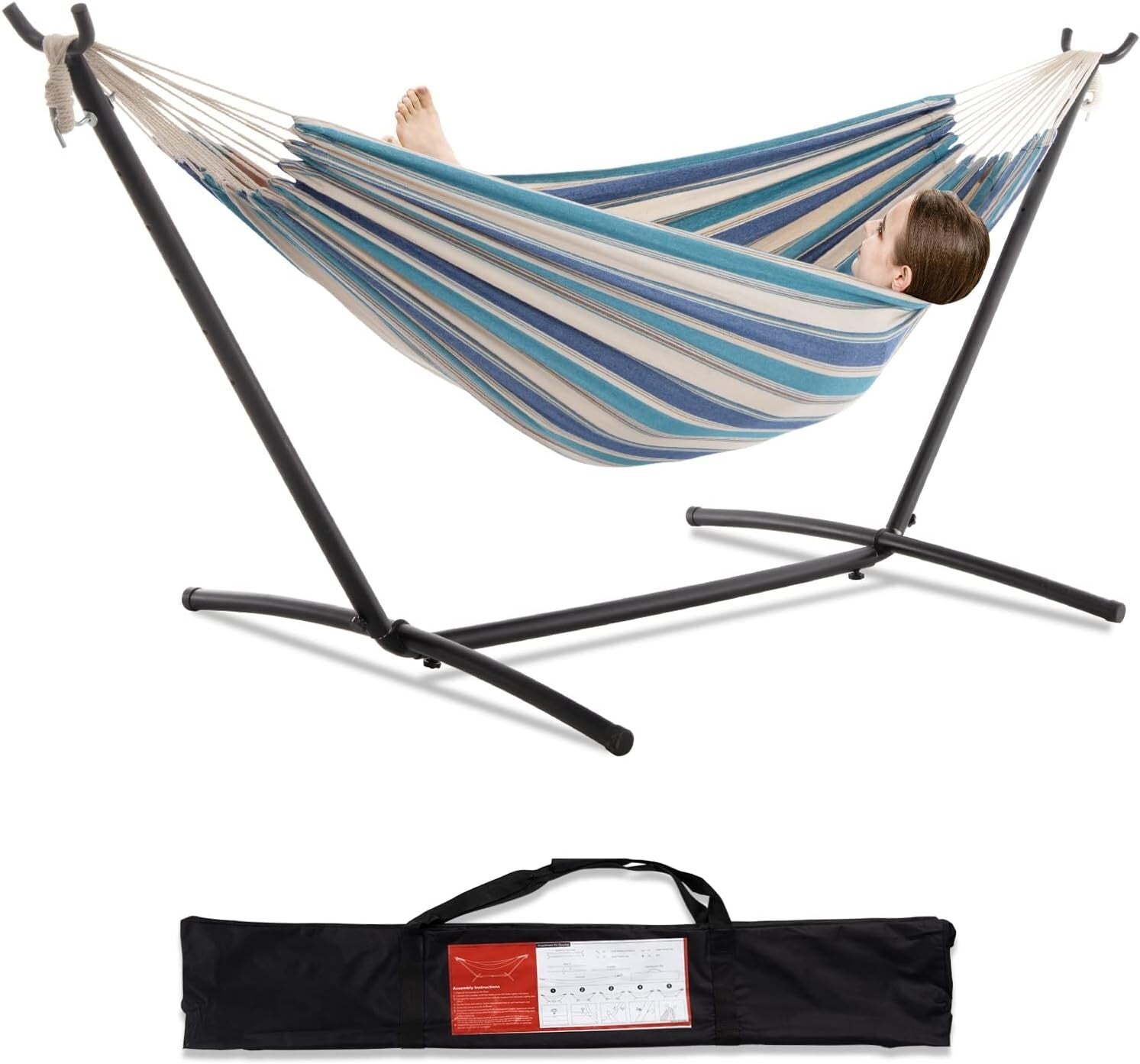 Outdoor Double Hammock with Strong Steel Stand - 450lb Capacity in Light Blue