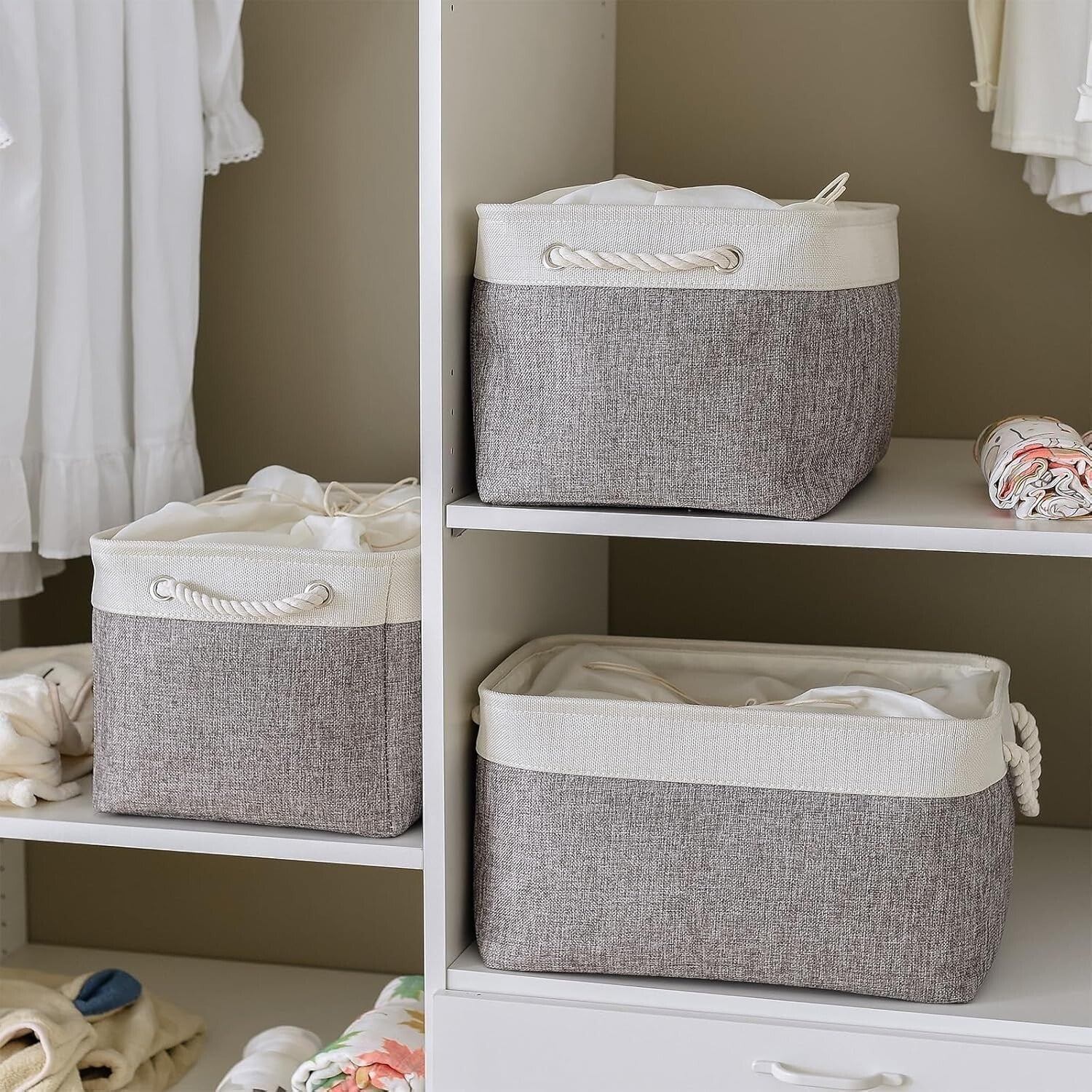 Durable White & Grey Fabric Storage Baskets - X-Large Size for Home Organization