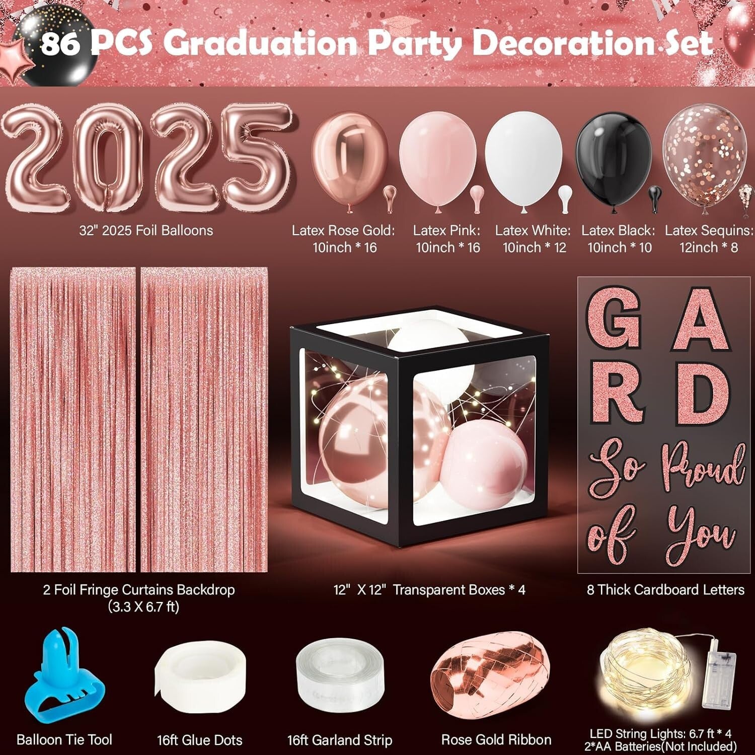 Class of 2025 Black Pink Graduation Decor Set - 86Pcs with LED Lights & Balloons