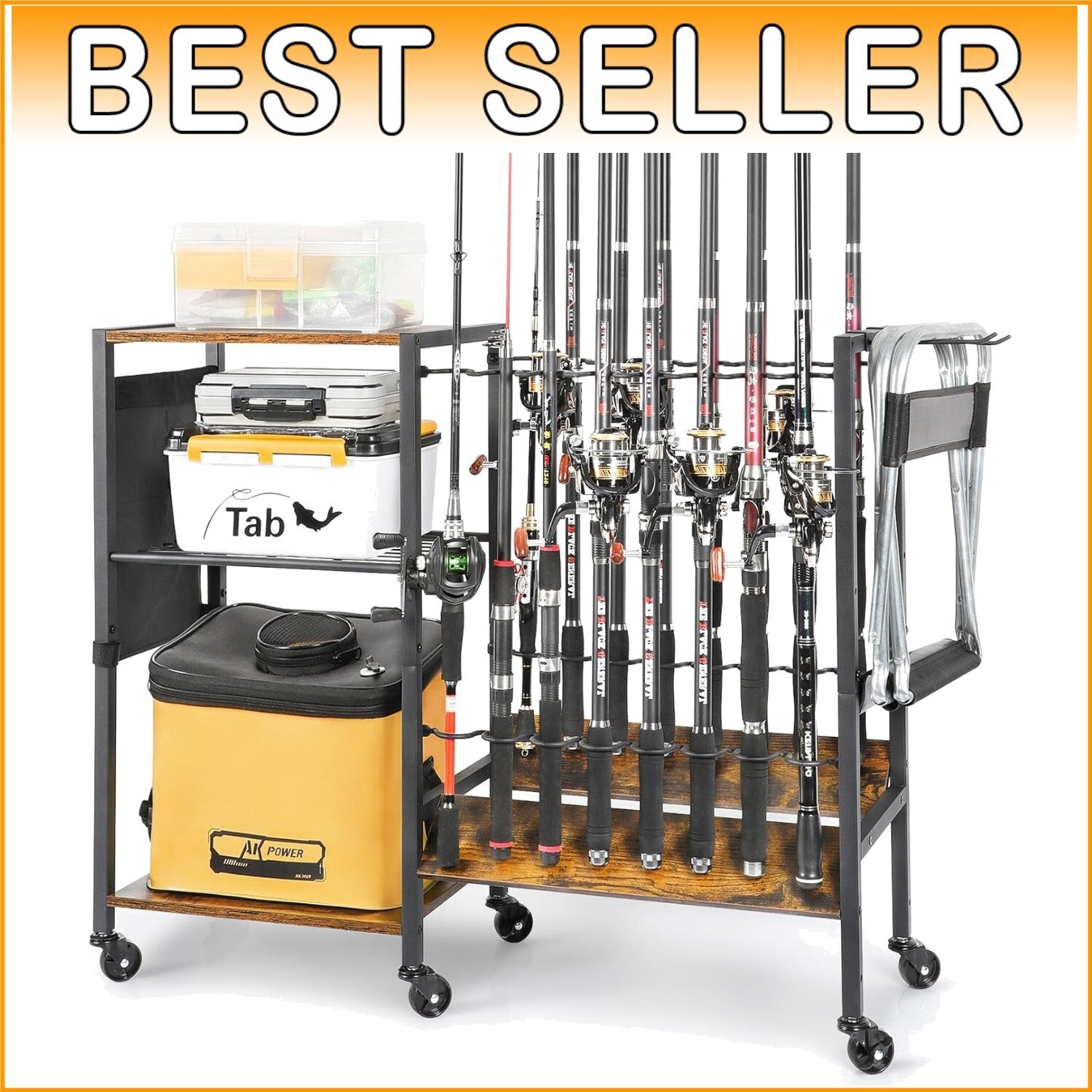 Professional Fishing Gear Storage on Wheels - 16 Rod Holder with Rubber Support