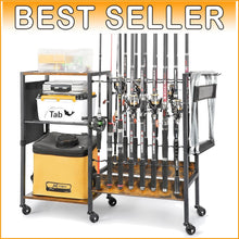 Load image into Gallery viewer, Professional Fishing Gear Storage on Wheels - 16 Rod Holder with Rubber Support