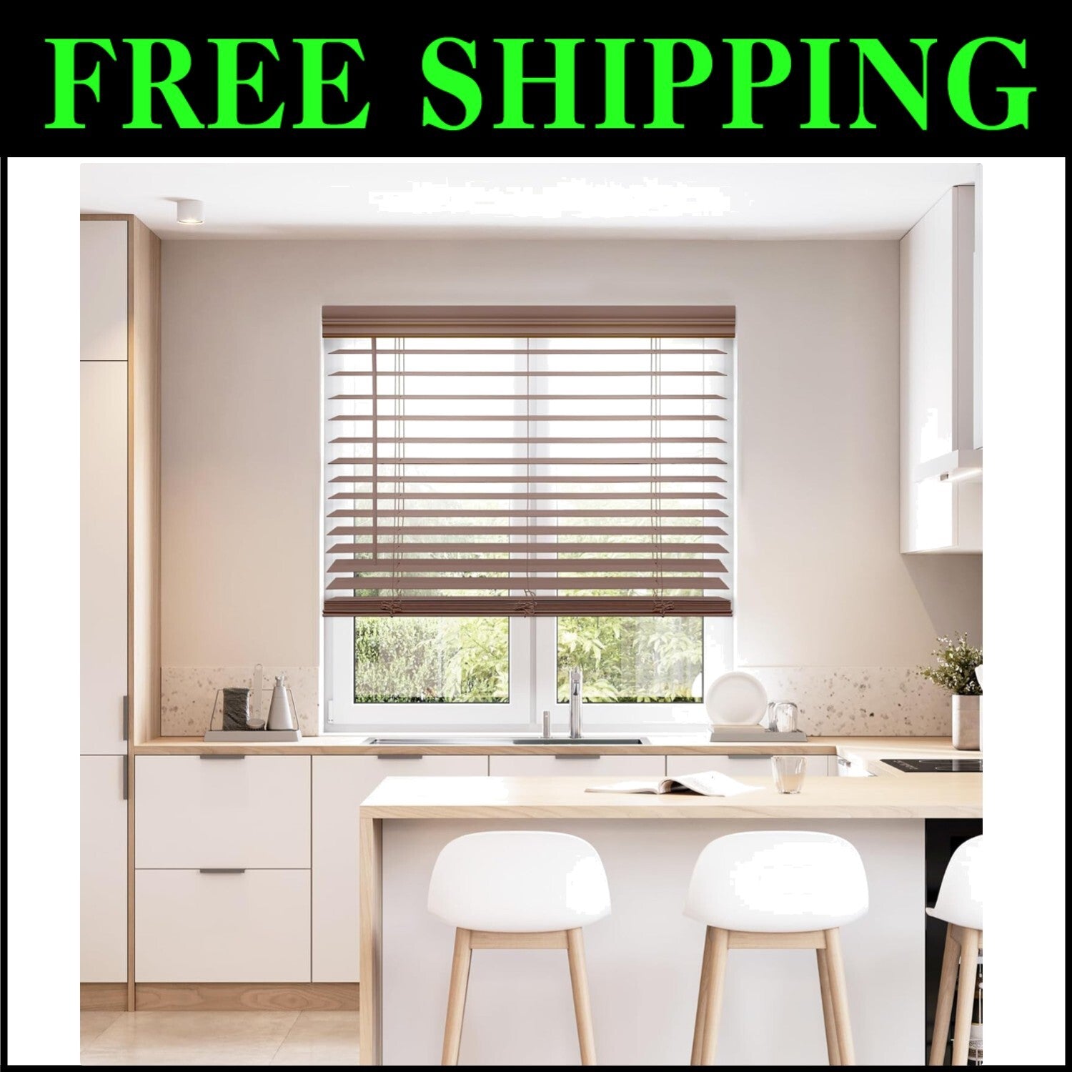 Cordless Dark Oak Faux Wood Blinds, 33.75" W x 72" H, Stylish Window Treatment