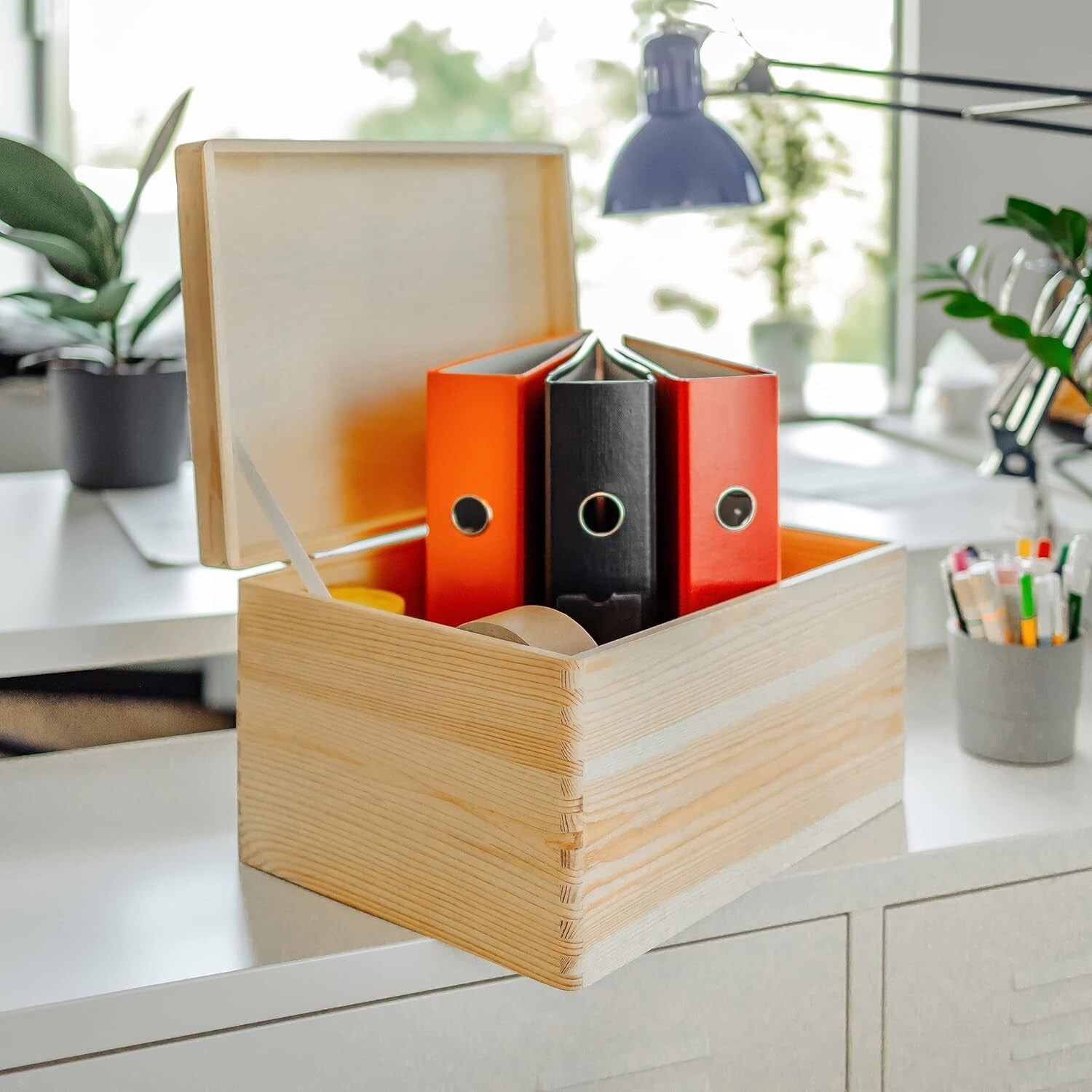 Spacious Hinged Lid Wooden Storage Box - Ideal for Crafts & Toys 15.8x11.8