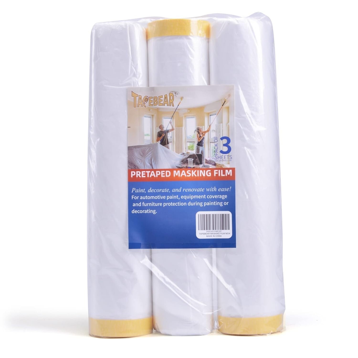 3-Pack Pre-Taped Masking Film Rolls 9ft x 90ft for Ultimate Surface Protection