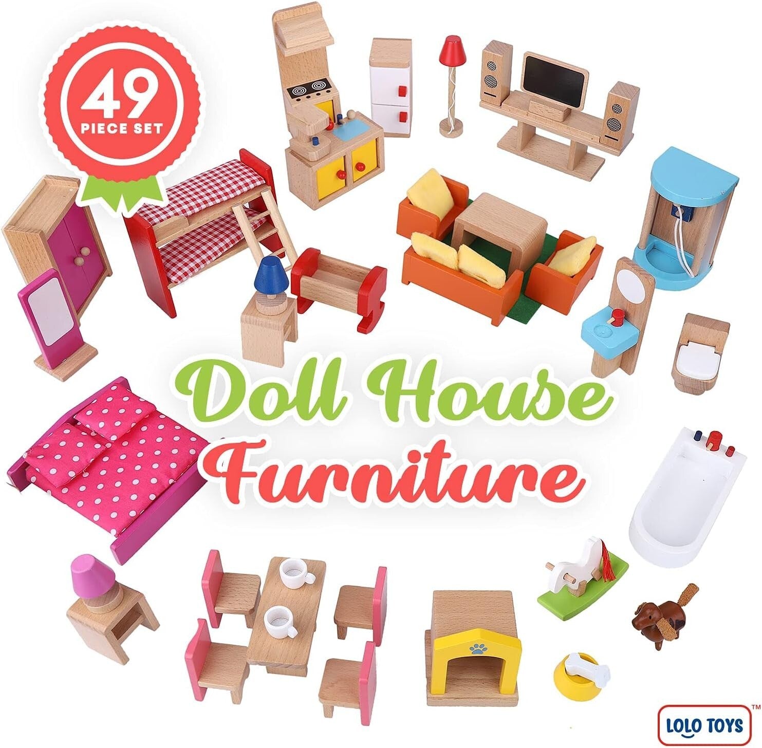 Wooden Dollhouse Furniture Set – 49PCS, 7 Rooms for Kids’ Creative Adventures
