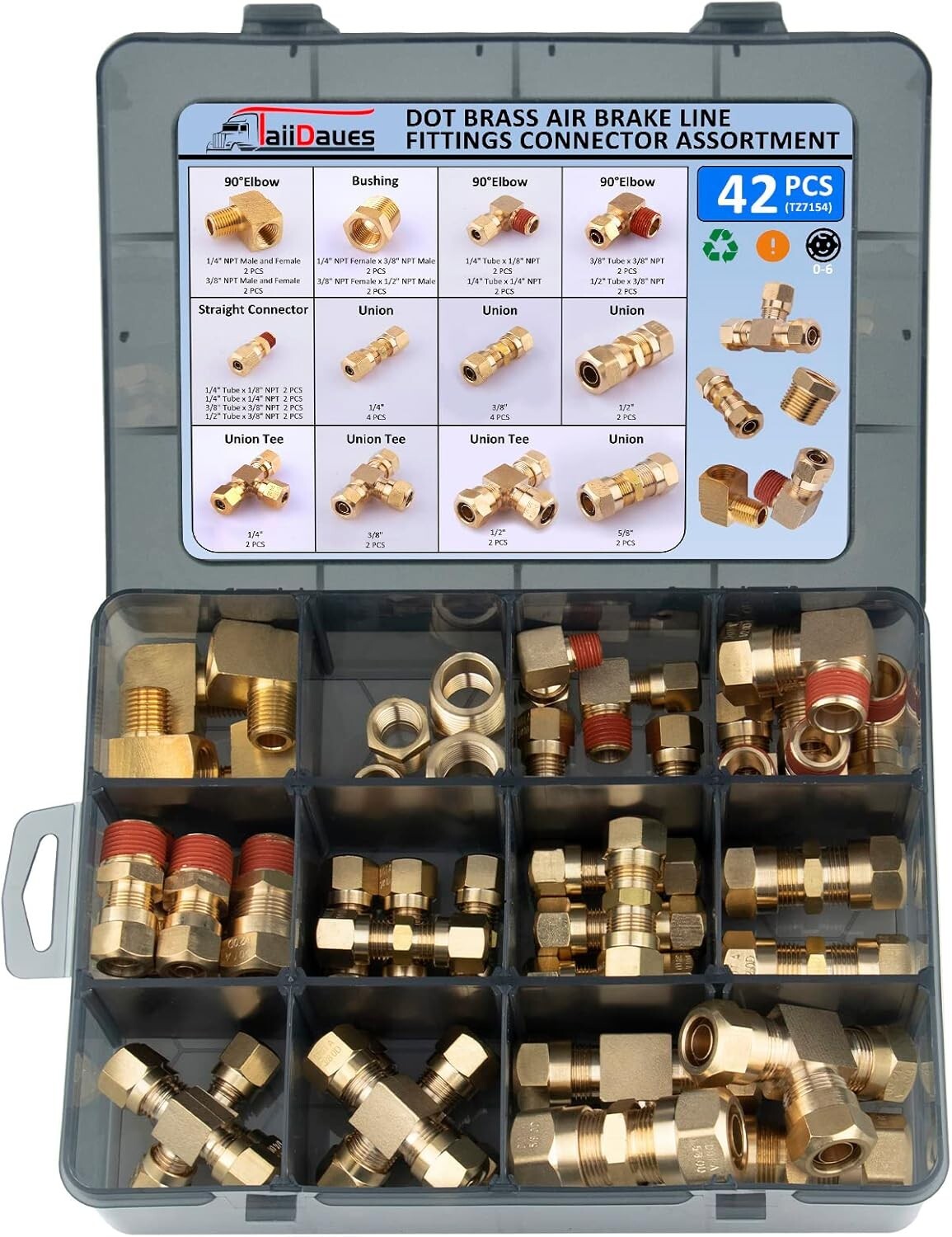 Brass Air Brake Fittings Assortment - 42 Piece Kit for Truck & Industrial Use