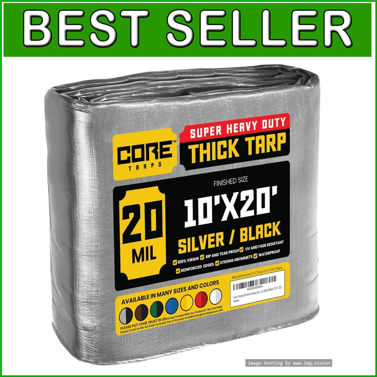 20 Mil Poly Tarp Cover - Rip and Tear Proof, Weatherproof Silver/Black 10' X 20'