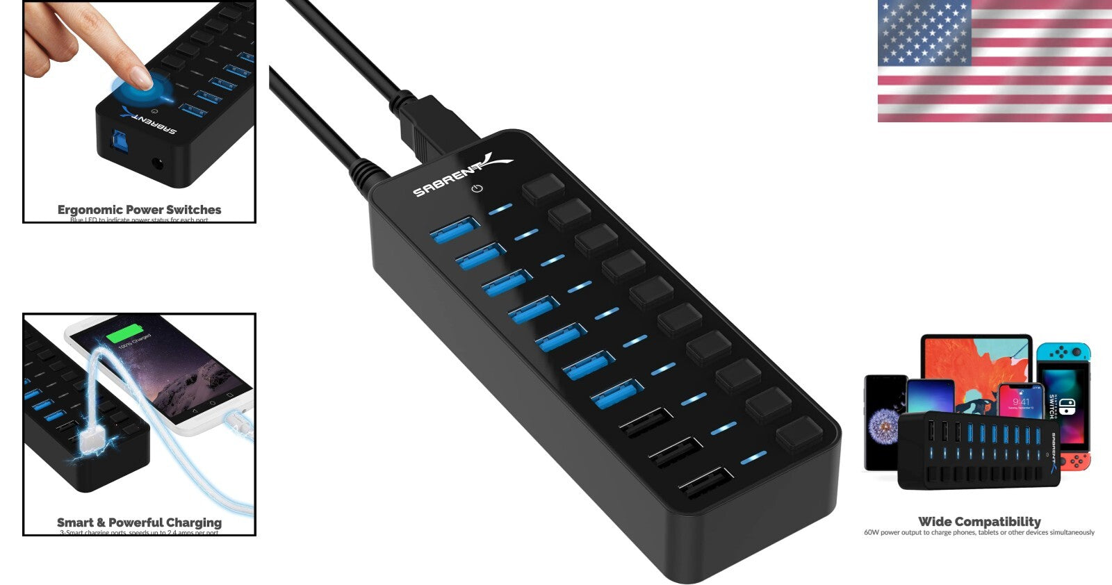 Advanced 10-Port USB 3.0 Hub - Features 3 Efficient Charging Ports & LED Status