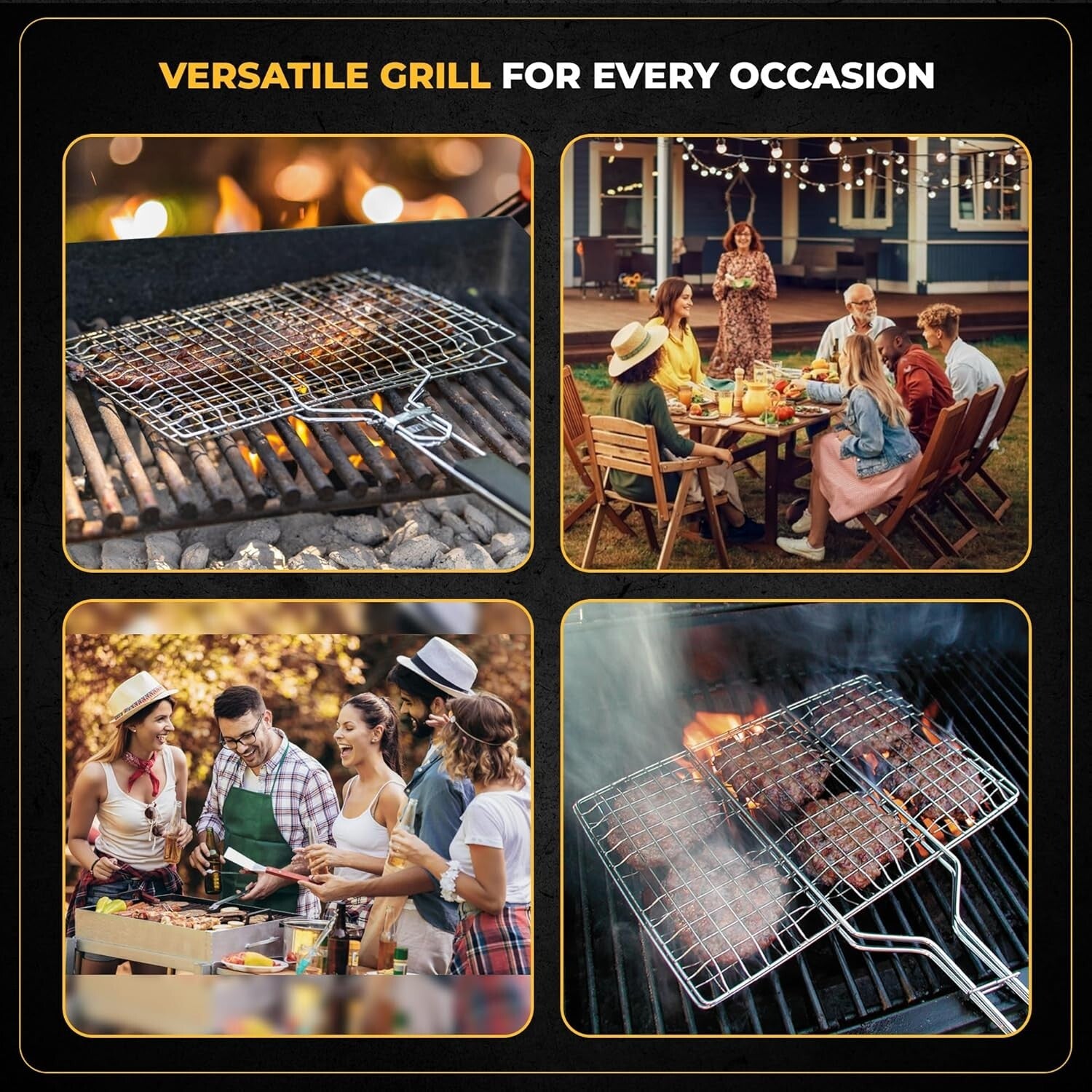 Rustproof Stainless Steel Fish Grilling Basket with Skewers & Basting Brush Pack