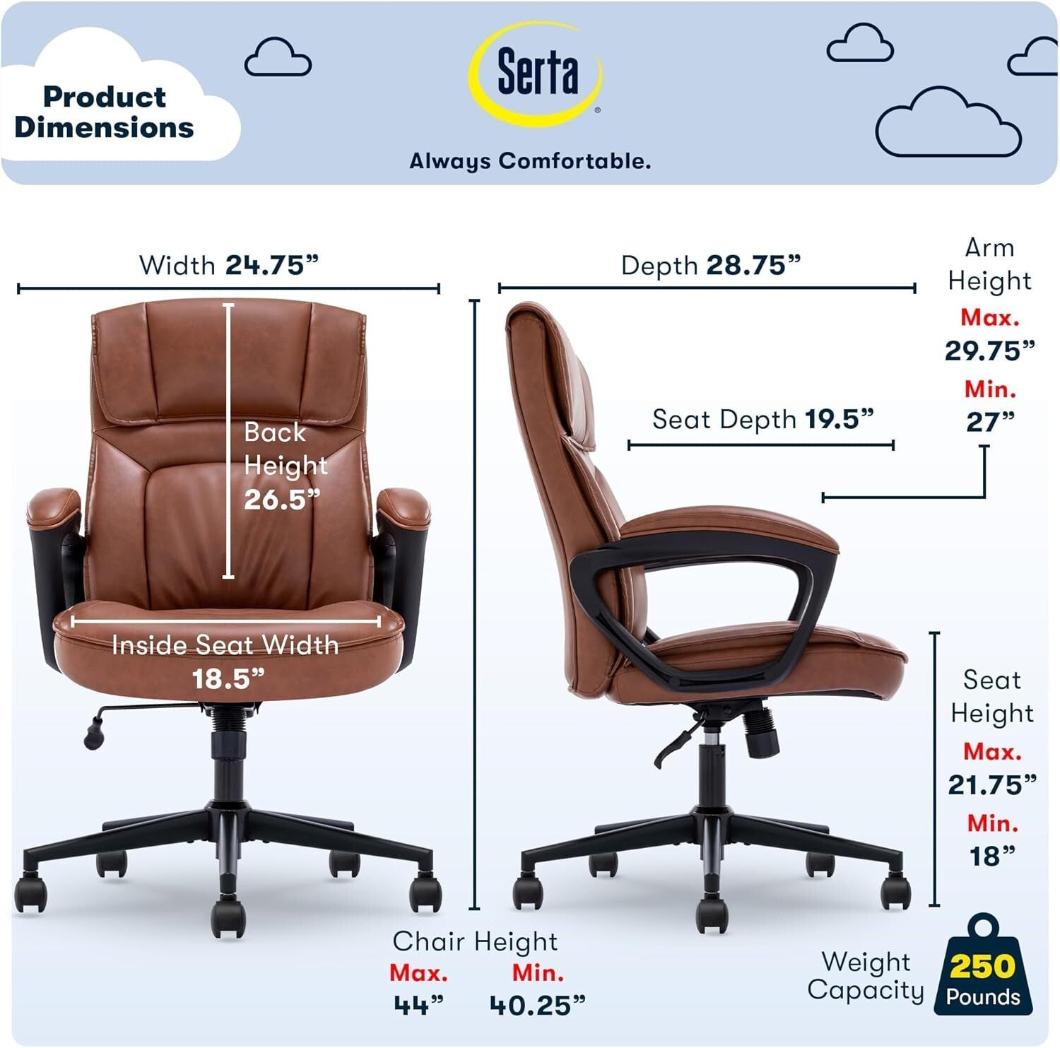 Cognac Bonded Leather Executive Desk Chair with Easy Assembly - 275 lbs Capacity