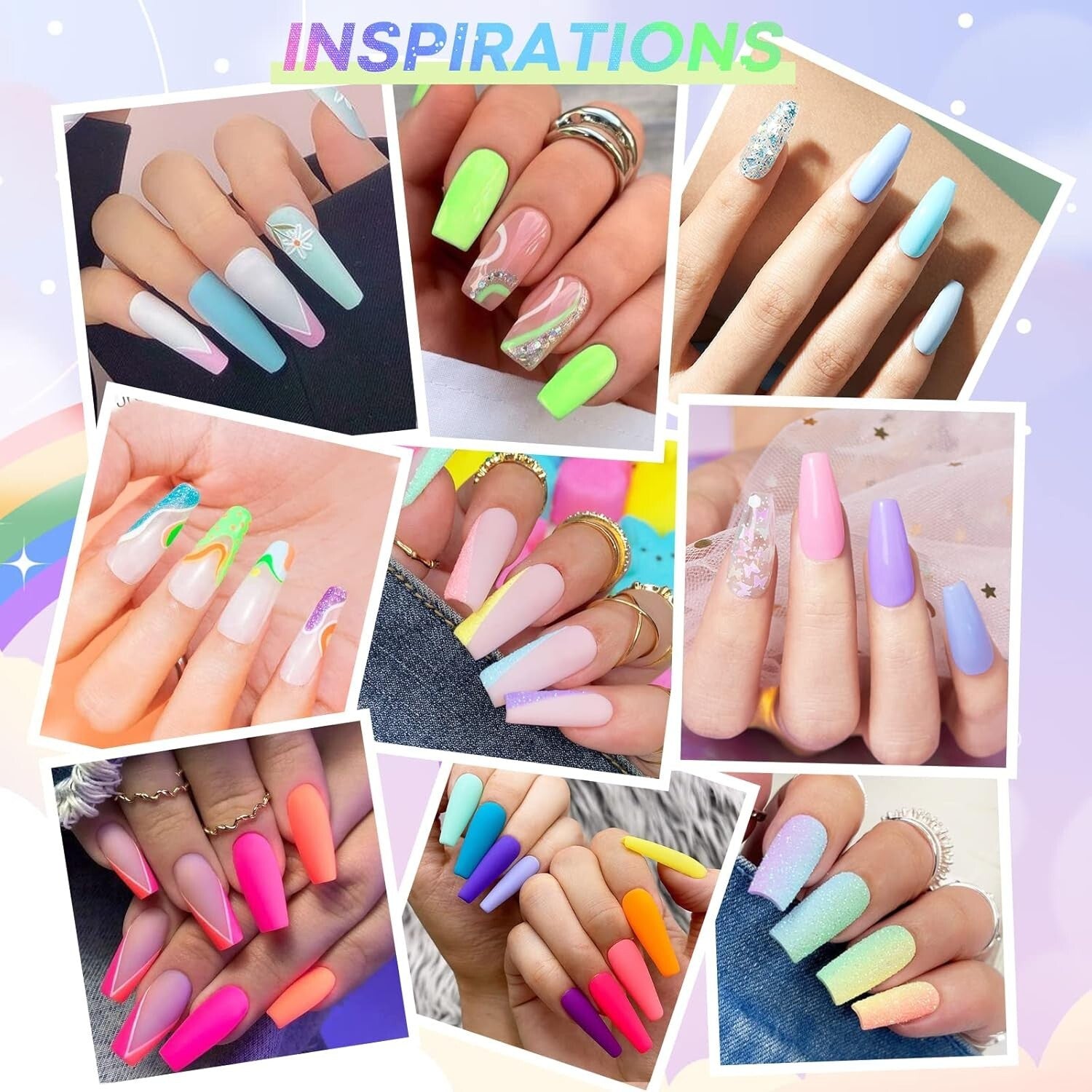 Bright Pastel Neon 42-Pc Dip Powder Nail Set with Glossy Finish & Recycling Tray