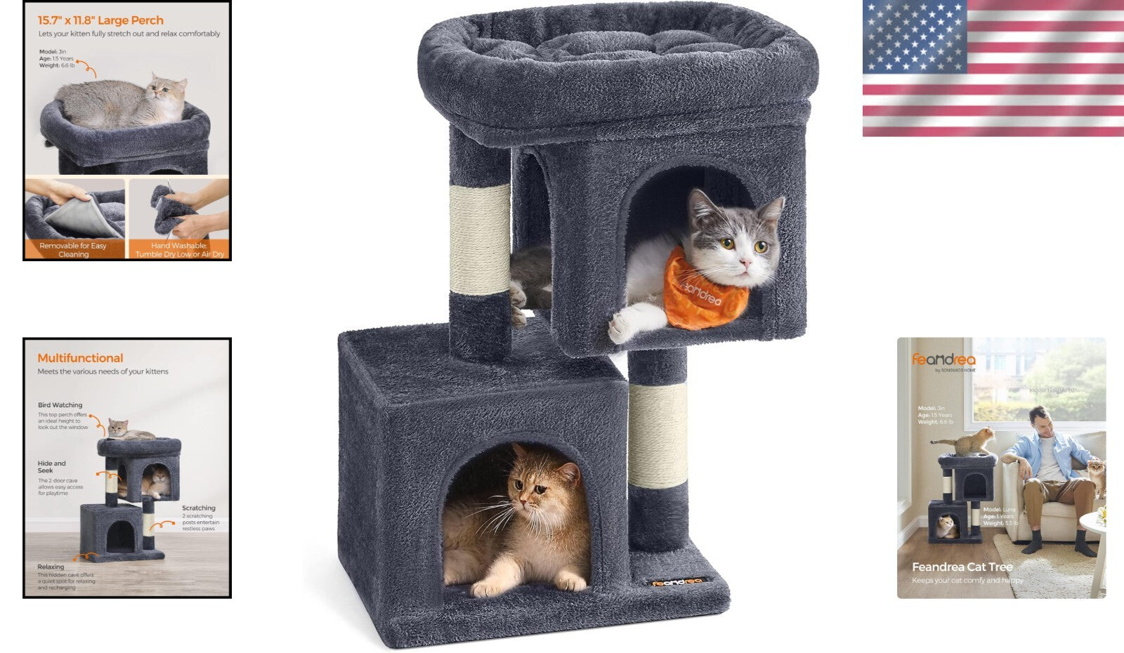 Smoky Gray 26.4-Inch Cat Tree with 2 Caves and Large Perch - Ideal for Kittens