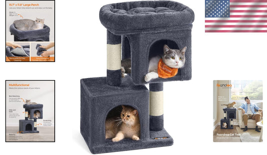Smoky Gray 26.4-Inch Cat Tree with 2 Caves and Large Perch - Ideal for Kittens
