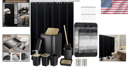 24-Piece Luxury Bathroom Set with Waterproof Shower Curtain & Rugs - Black/White