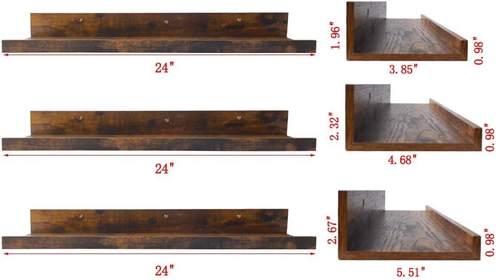 Sturdy Rustic Floating Shelves - Set of 3 for Wall Organization, 24 Inch Size