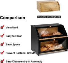 Load image into Gallery viewer, Modern Black Bread Keeper - Double-Layer Bamboo Storage with Plexiglass Window