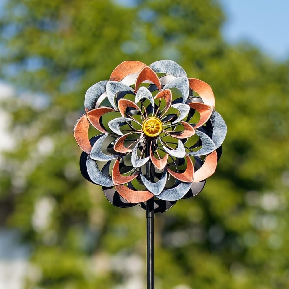 Elegant 360° Metal Wind Spinner Kinetic Garden Sculpture - Gray & Bronze 13 Inch