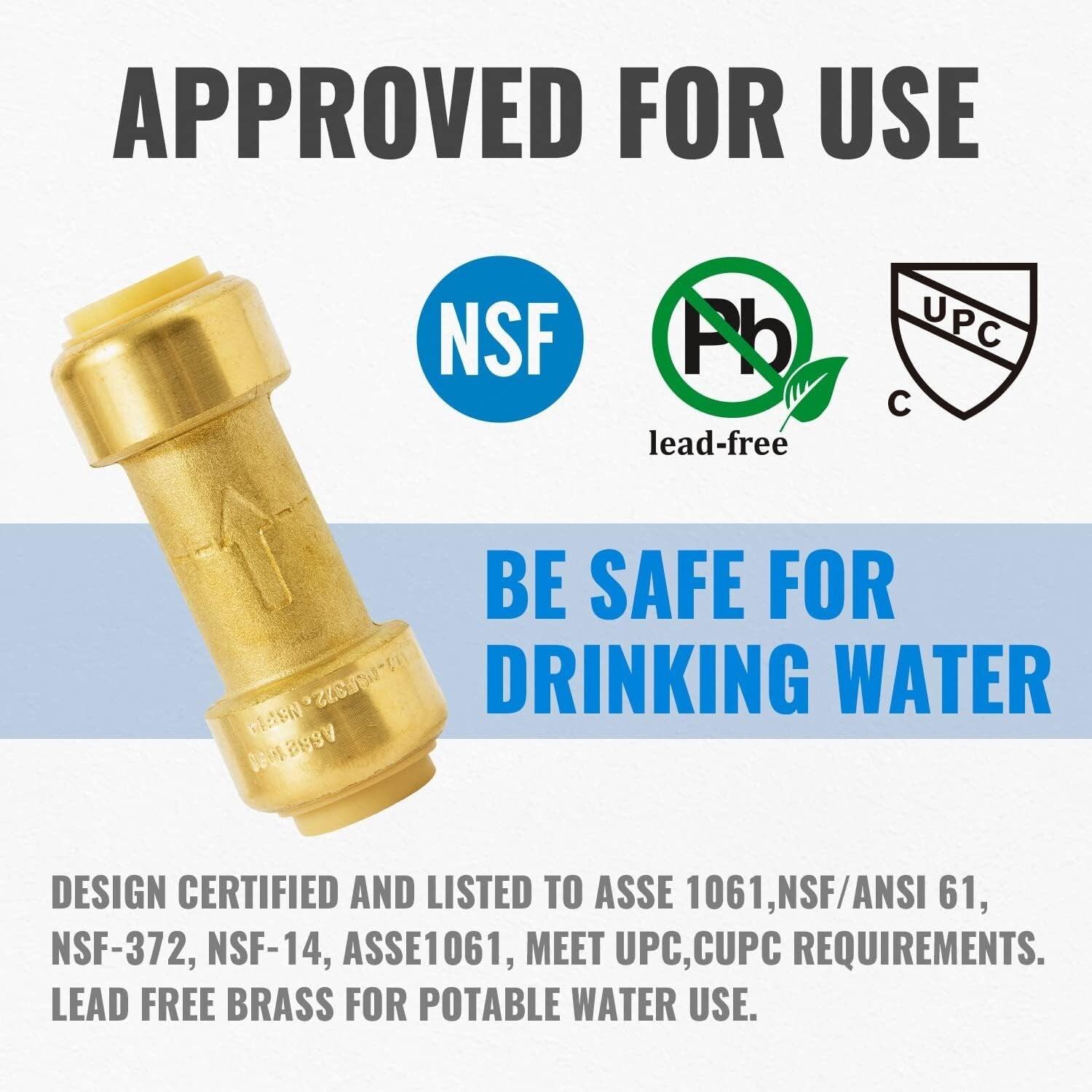 1/2 Inch No Lead Brass Check Valve - Push-to-Connect Plumbing Fittings (6 Pack)