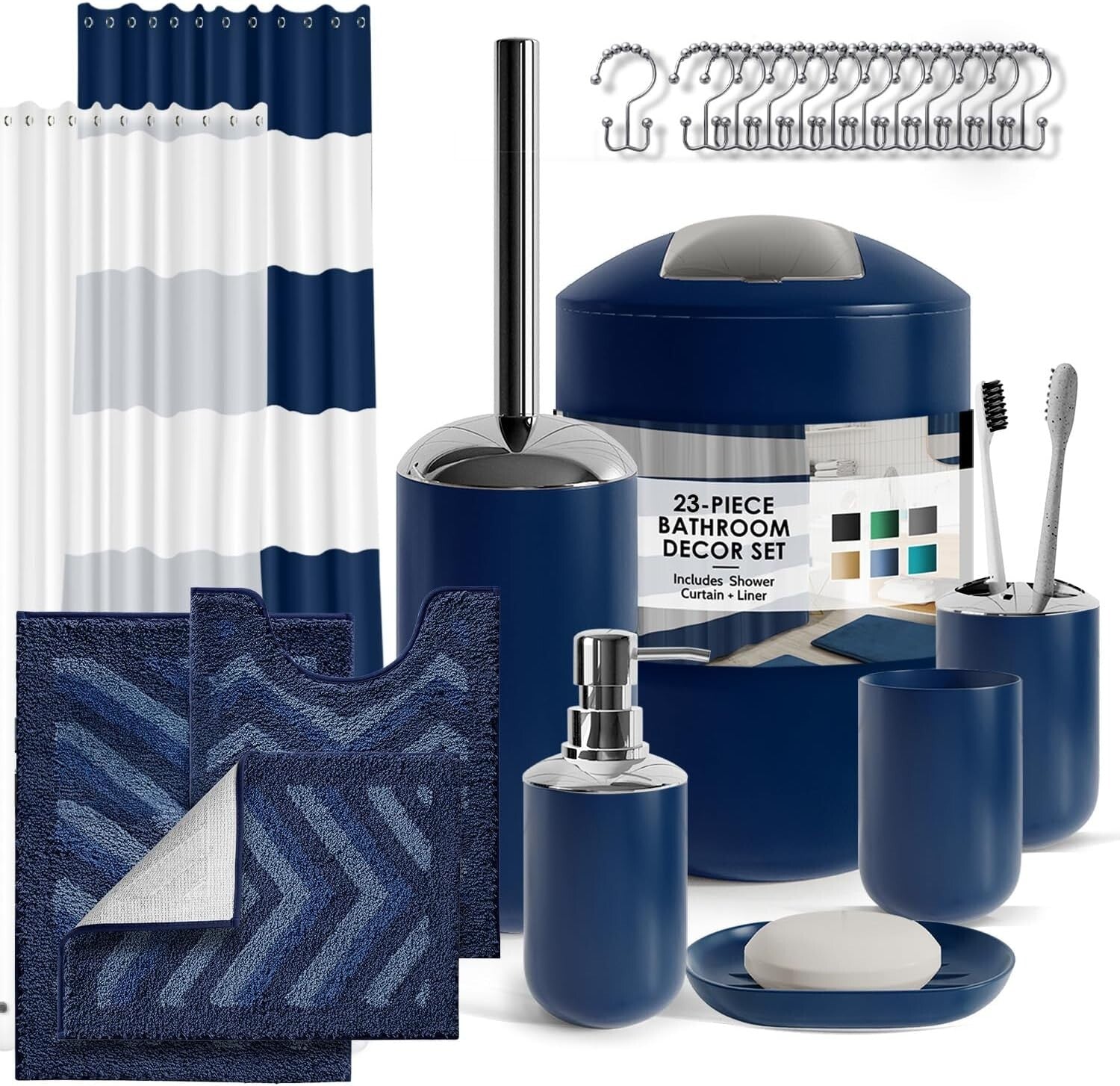 Navy Chevron 23PC Bath Set: Shower Curtain, Rugs & Essentials for Stylish Spaces