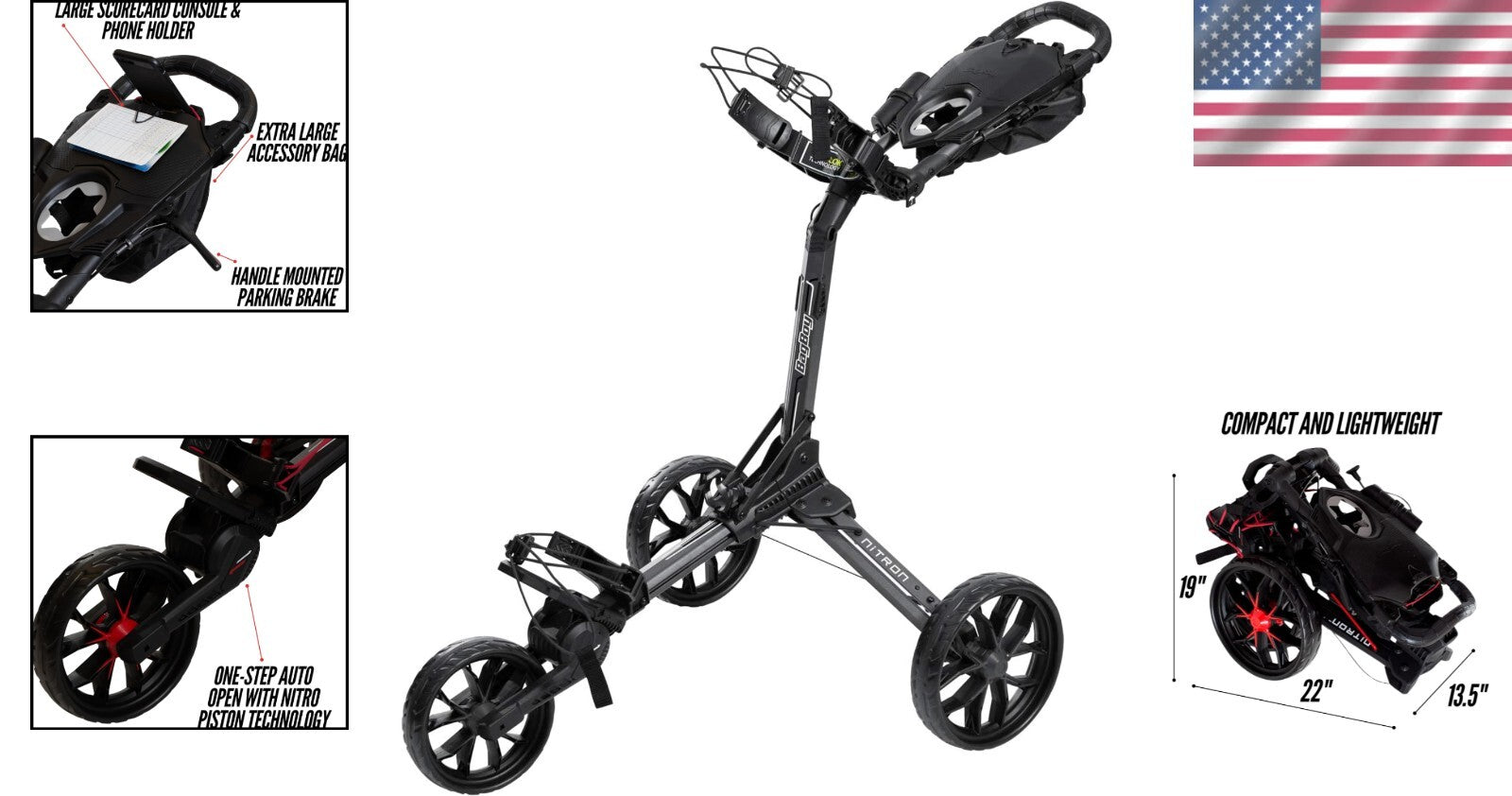 Durable Compact Golf Push Cart - Innovative Folding with Cup & Umbrella Holder