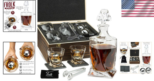 Luxurious Whiskey Decanter Set with Crystal Glasses & XL Stainless Steel Stones