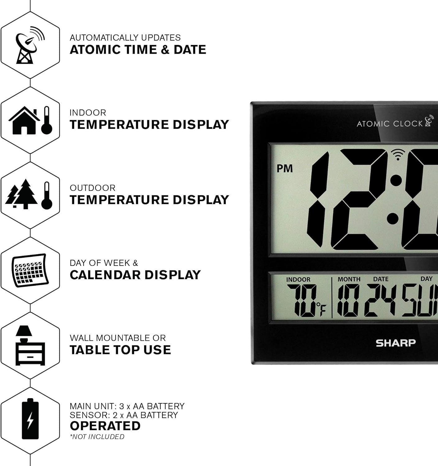Battery Operated Atomic Clock - 3" LCD Display & Wireless Temperature Sensor