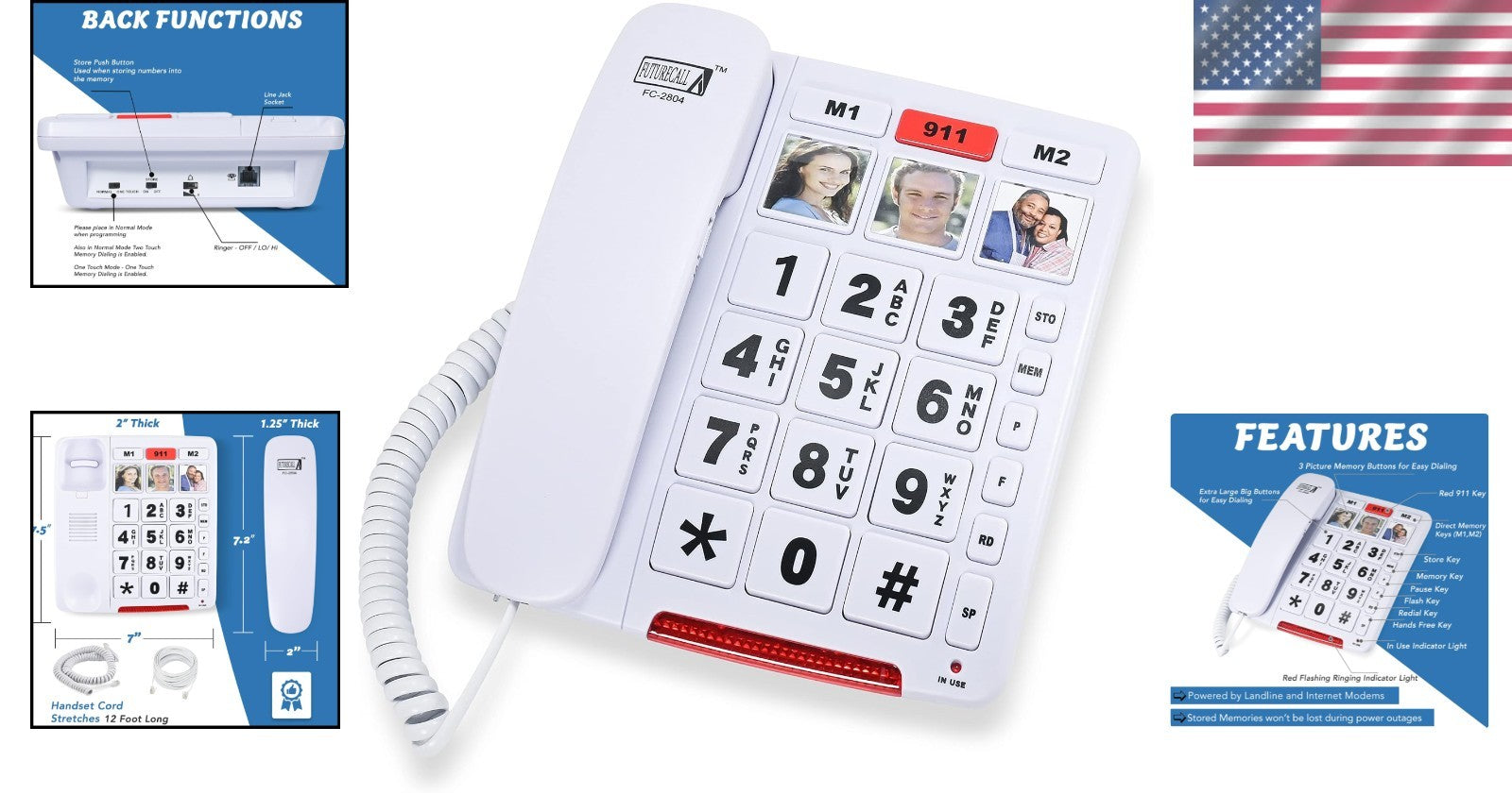 FC-2804 Big Button Phone: Amplified & Easy Dial for Seniors - 3 Picture Keys