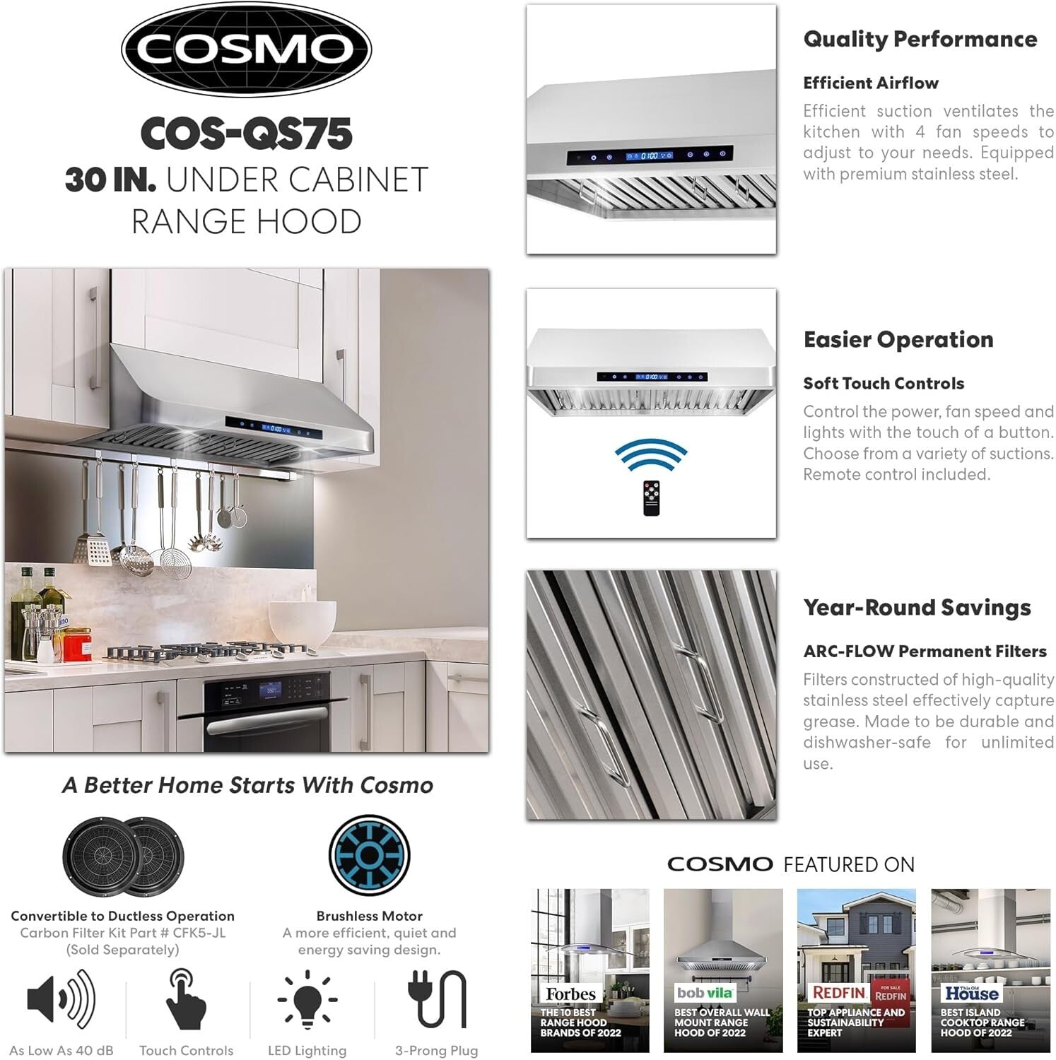500 CFM Stainless Steel Under Cabinet Range Hood with Touch Control & LED Lights