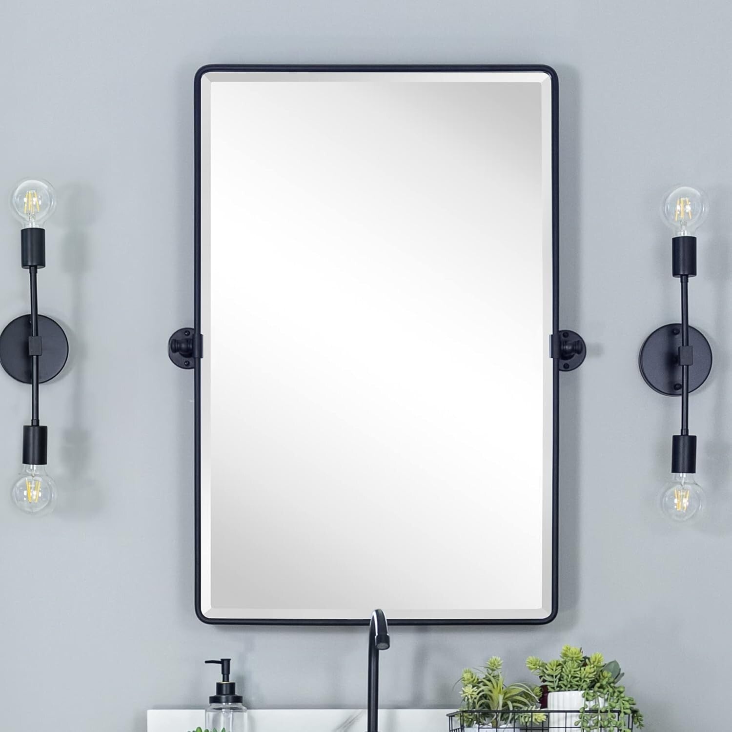 Beveled Rectangular Black Metal Framed Bathroom Mirror - 30x20" Tilting Design