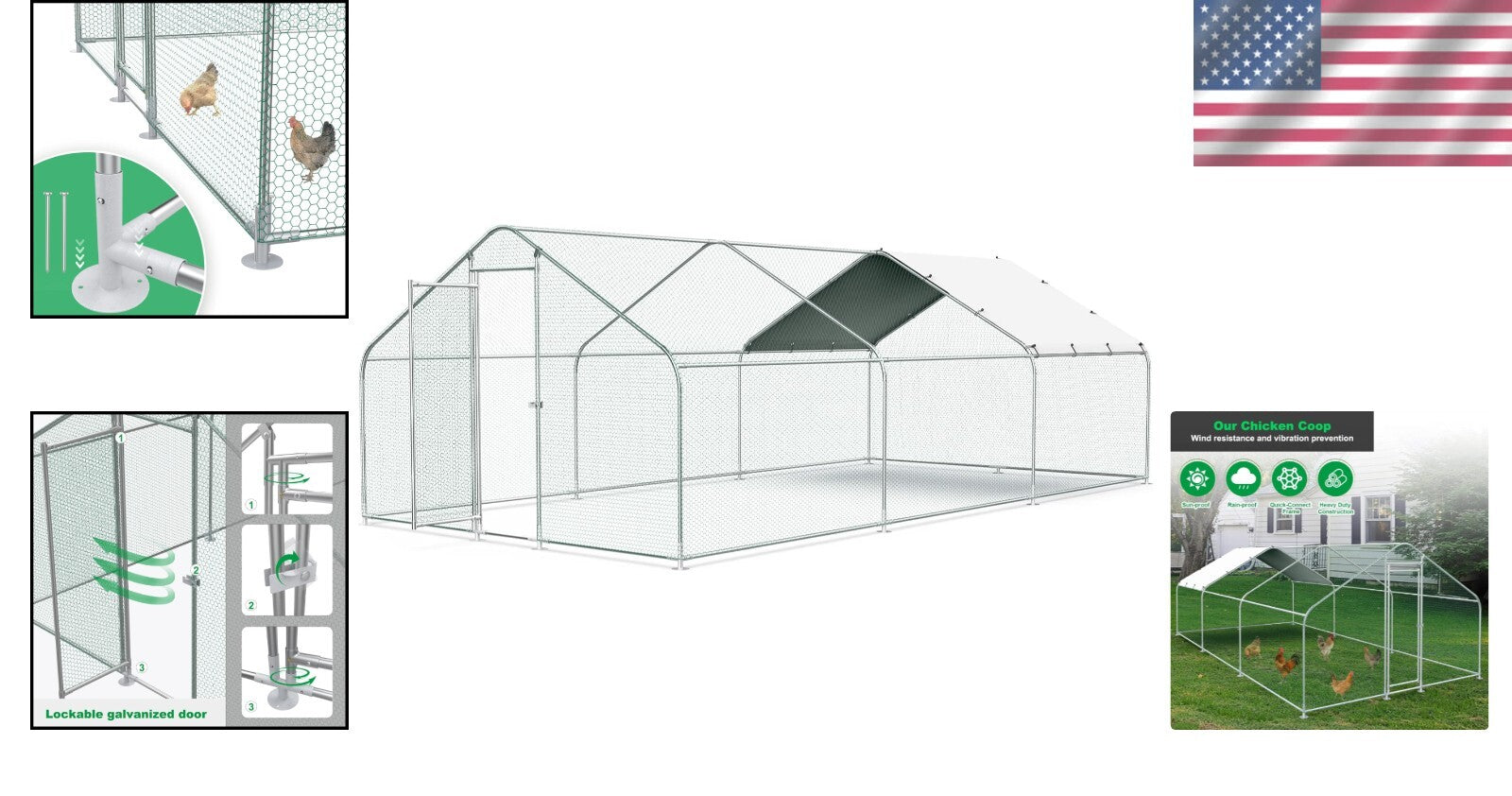 Spacious 10'x20' Outdoor Metal Chicken Coop with Waterproof Cover & Secure Lock