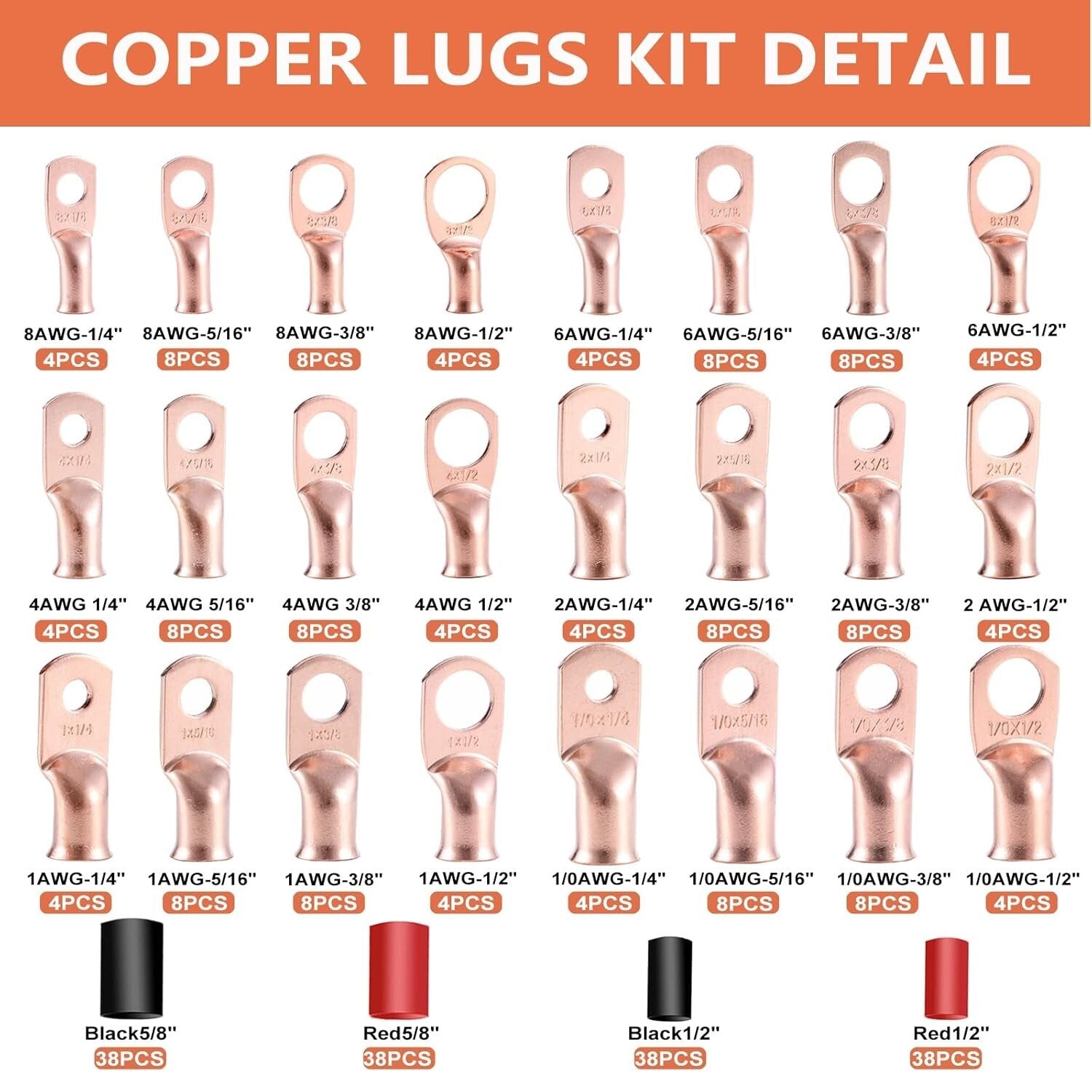 Premium 296PCS Wire Lug Connectors with Heat Shrink Tubing - Heavy Duty Copper