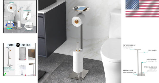 Stylish Free Standing Toilet Paper Holder Stand with 4 Roll Capacity in Brush...