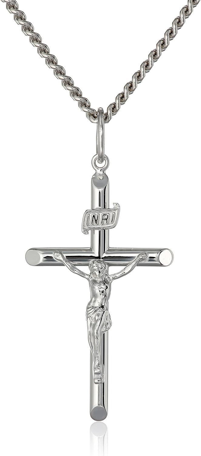Elegant 24" Men's Cross Pendant Necklace in Sterling Silver and Steel - USA Made