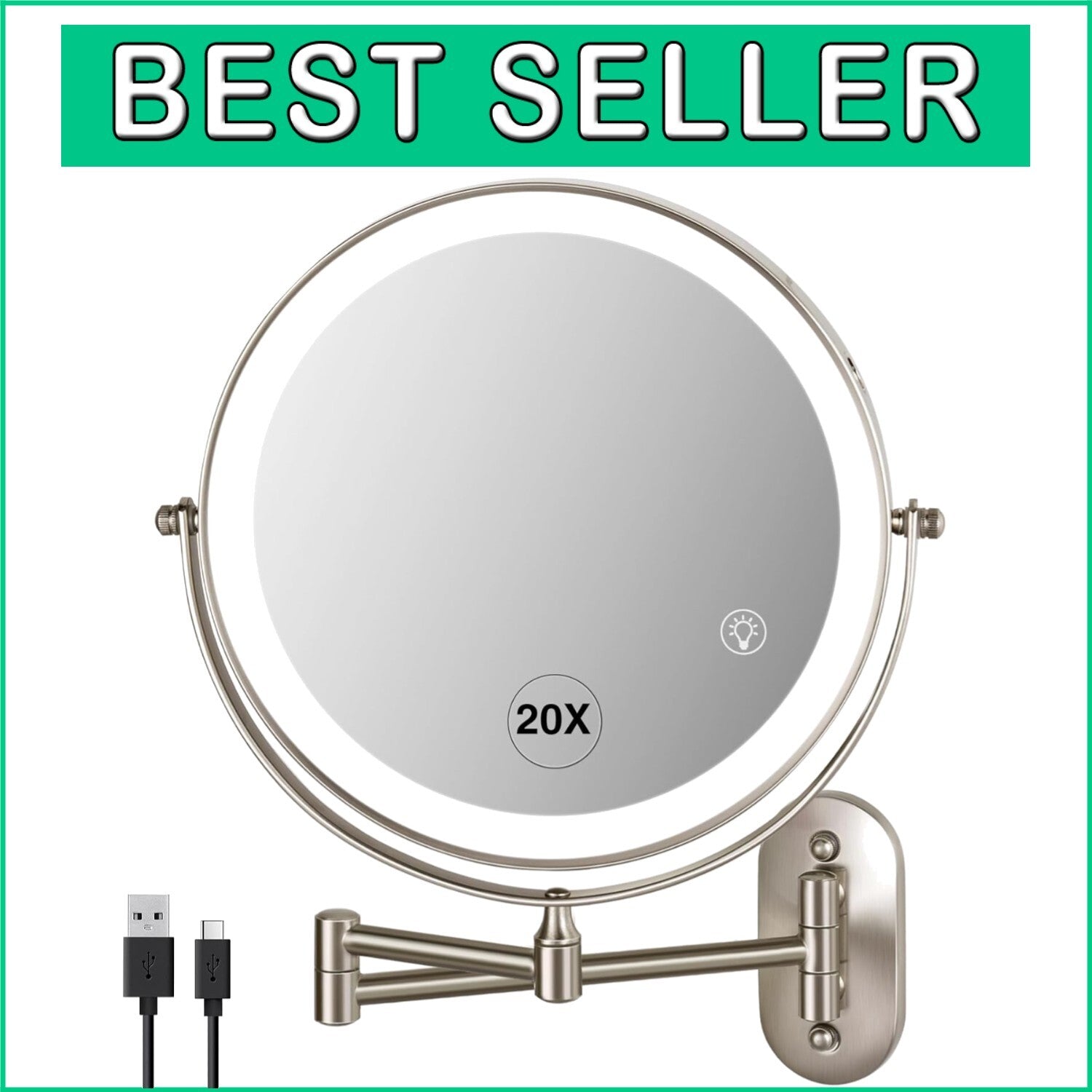 Double-Sided 20X/1X Makeup Mirror with Adjustable Brightness & 3 Color Lights